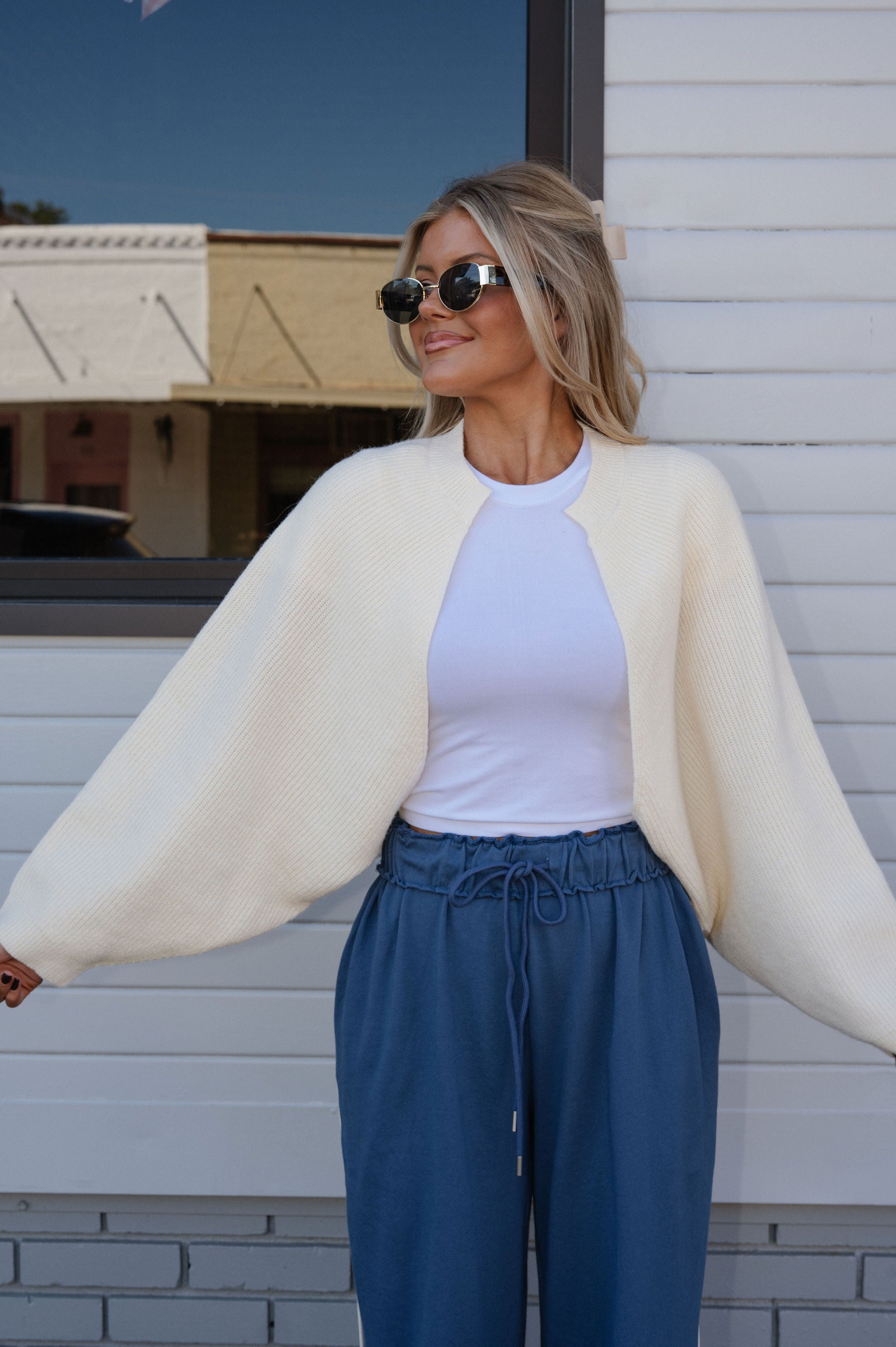 Knit Drop Shoulder Cardigan-Cream