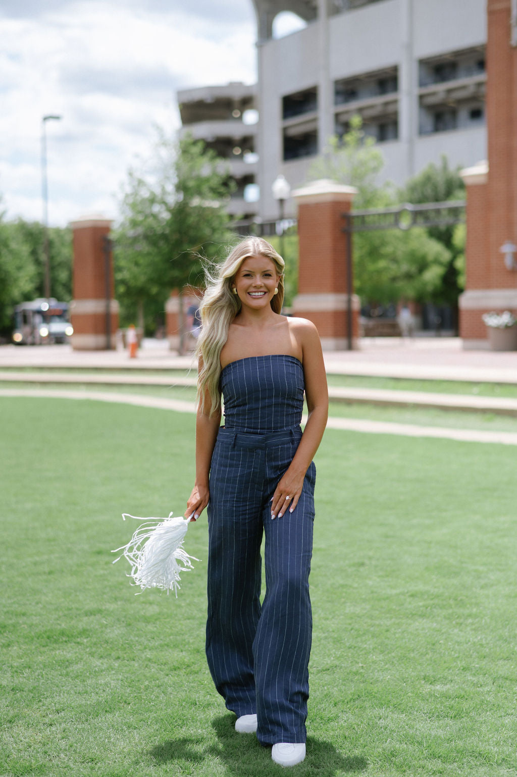 Melony Striped Pants Set-Navy/White