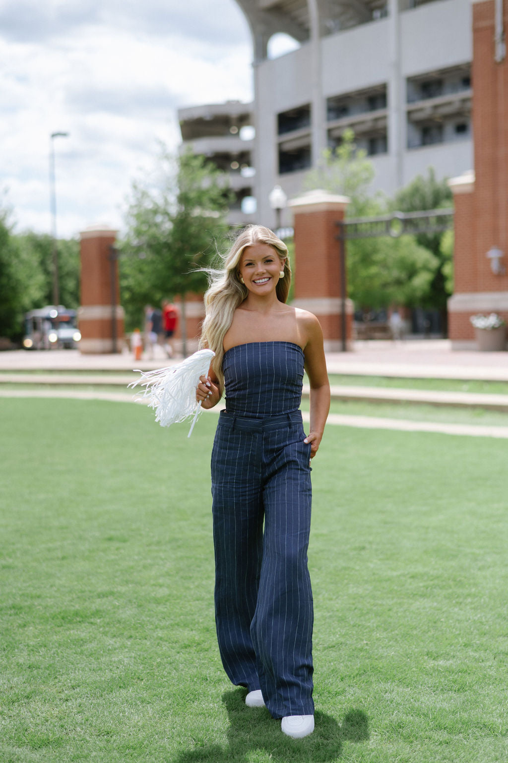 Melony Striped Pants Set-Navy/White