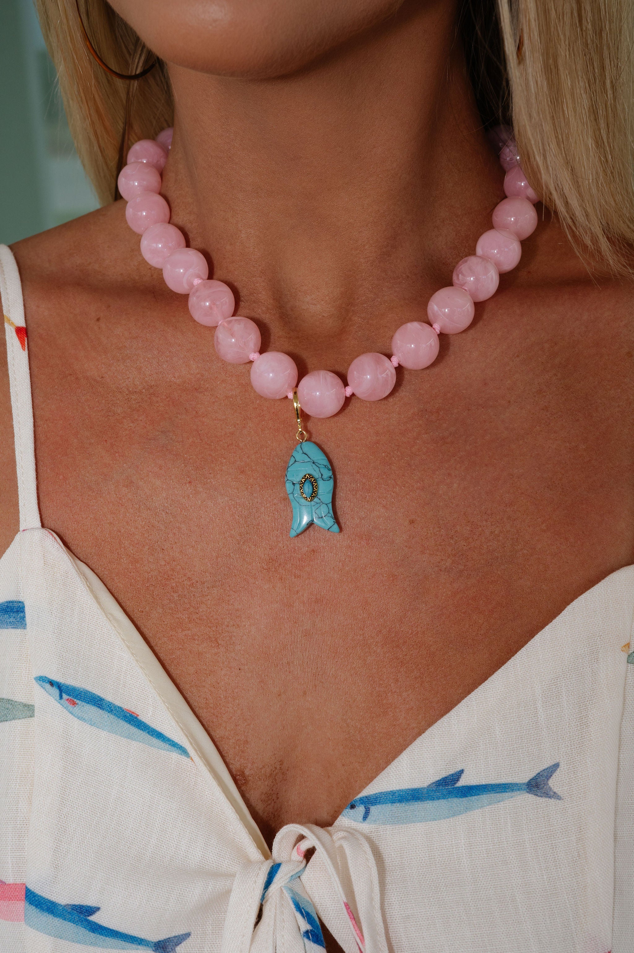 Kiawah Beaded Fish Necklace-Pink