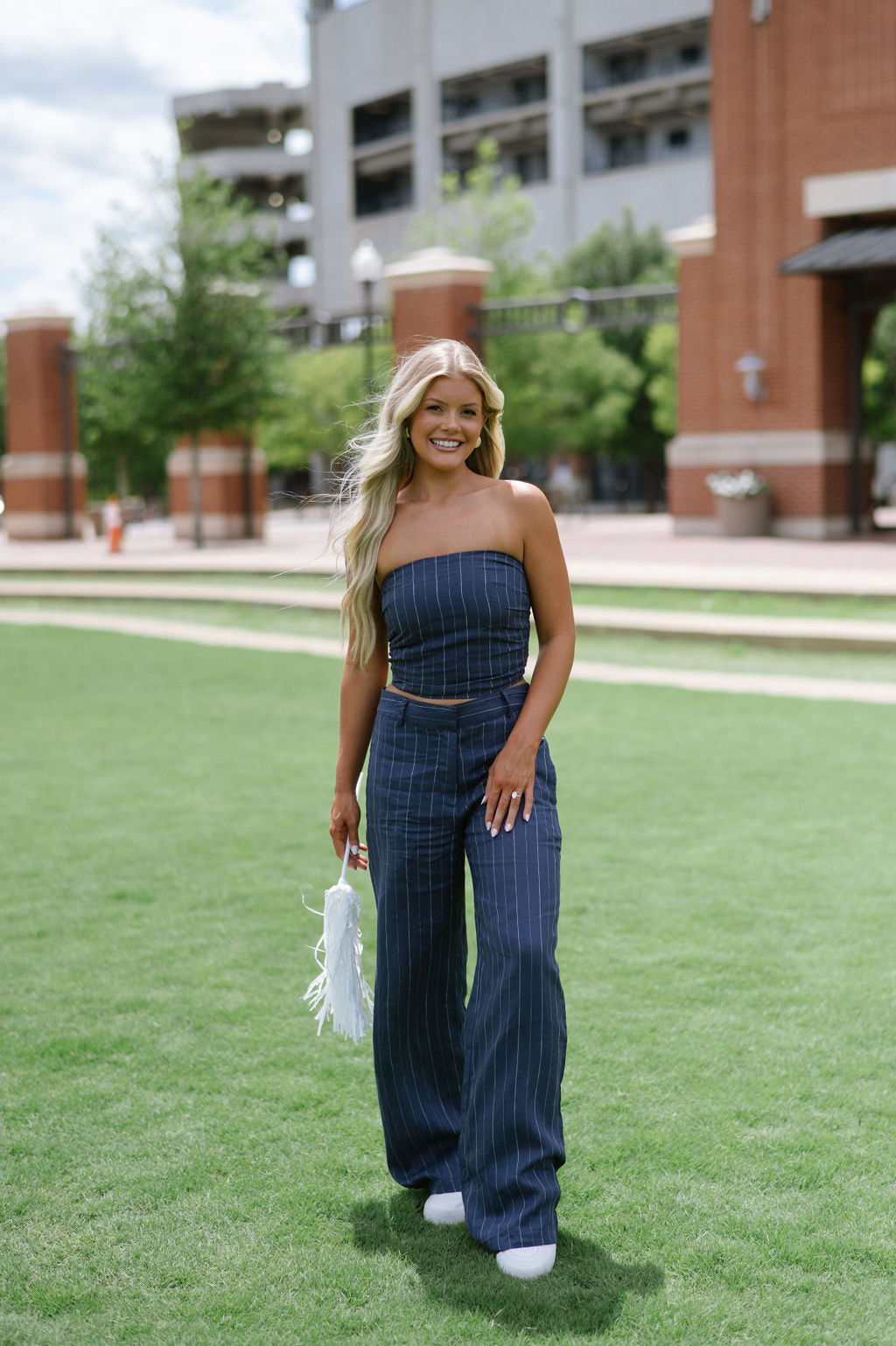 Melony Striped Pants Set-Navy/White