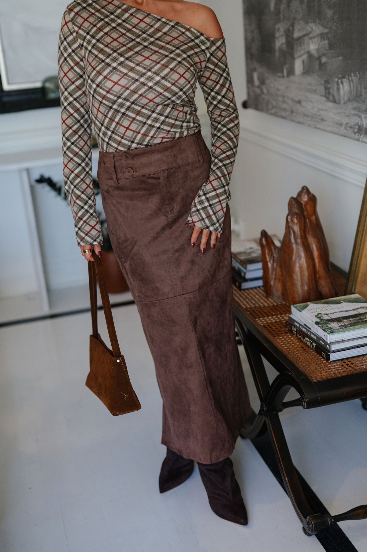 Drew Faux Suede Midi Skirt-Espresso