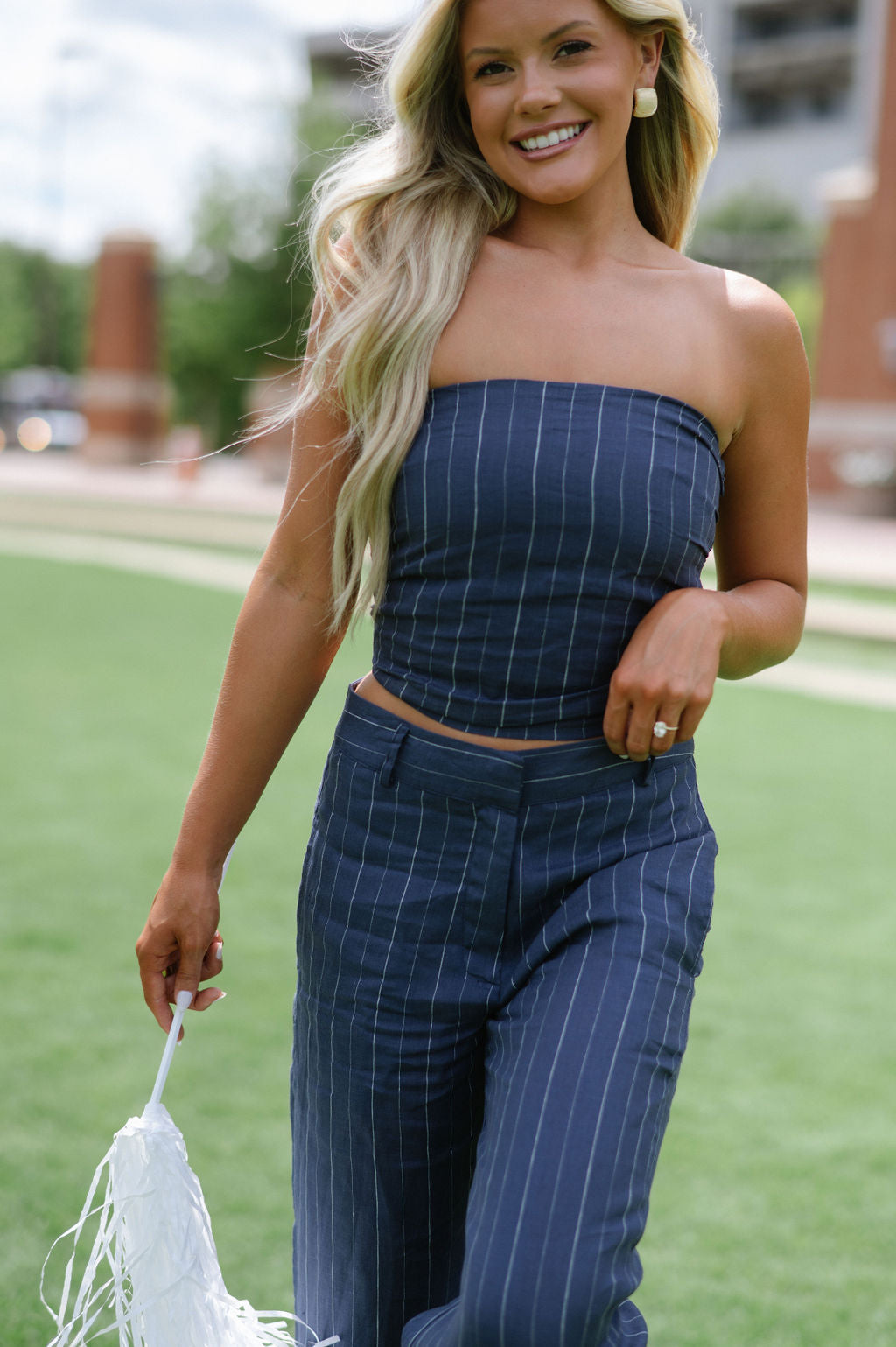 Melony Striped Pants Set-Navy/White