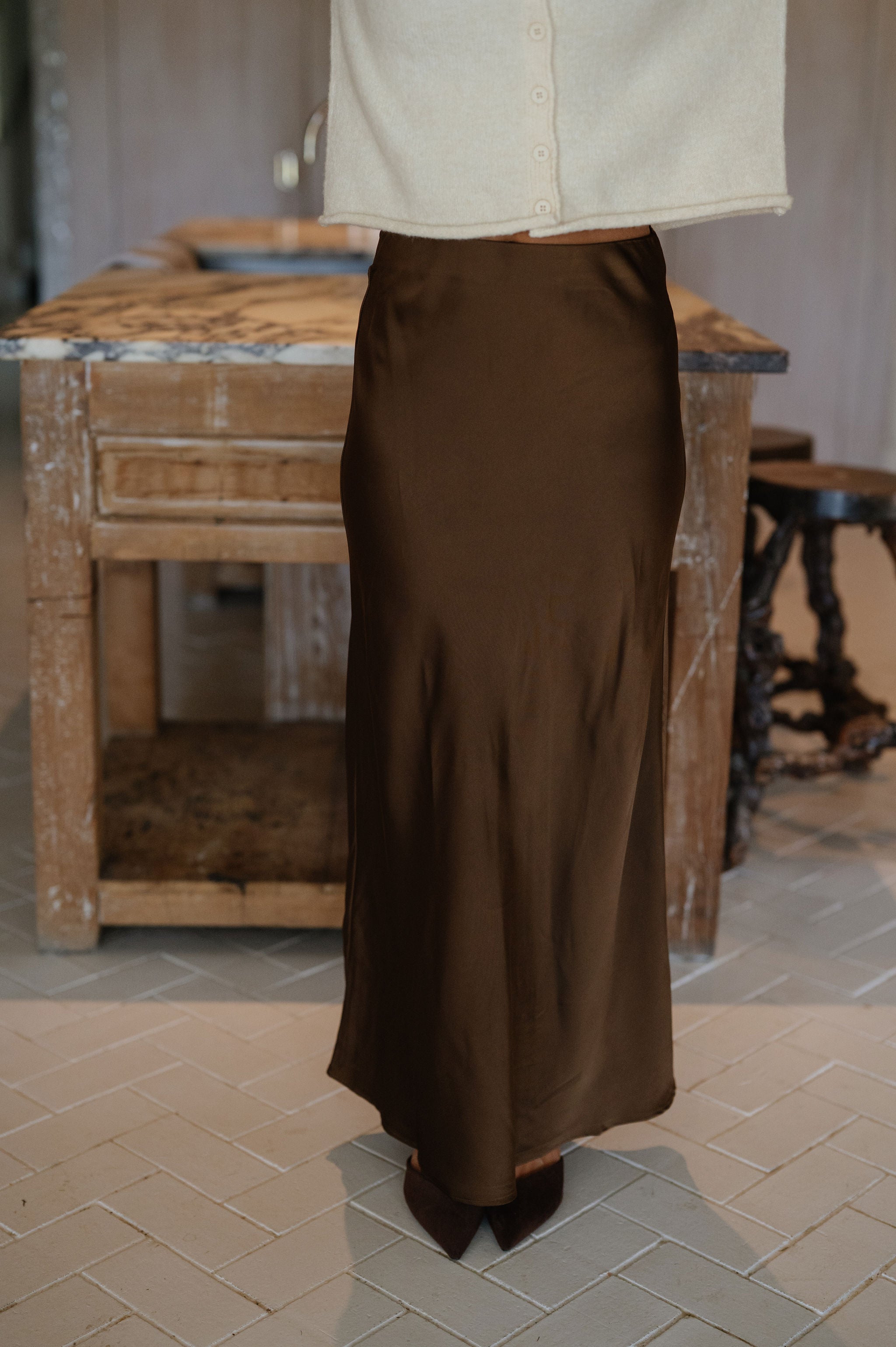 Rhea Satin Maxi Skirt-Brown