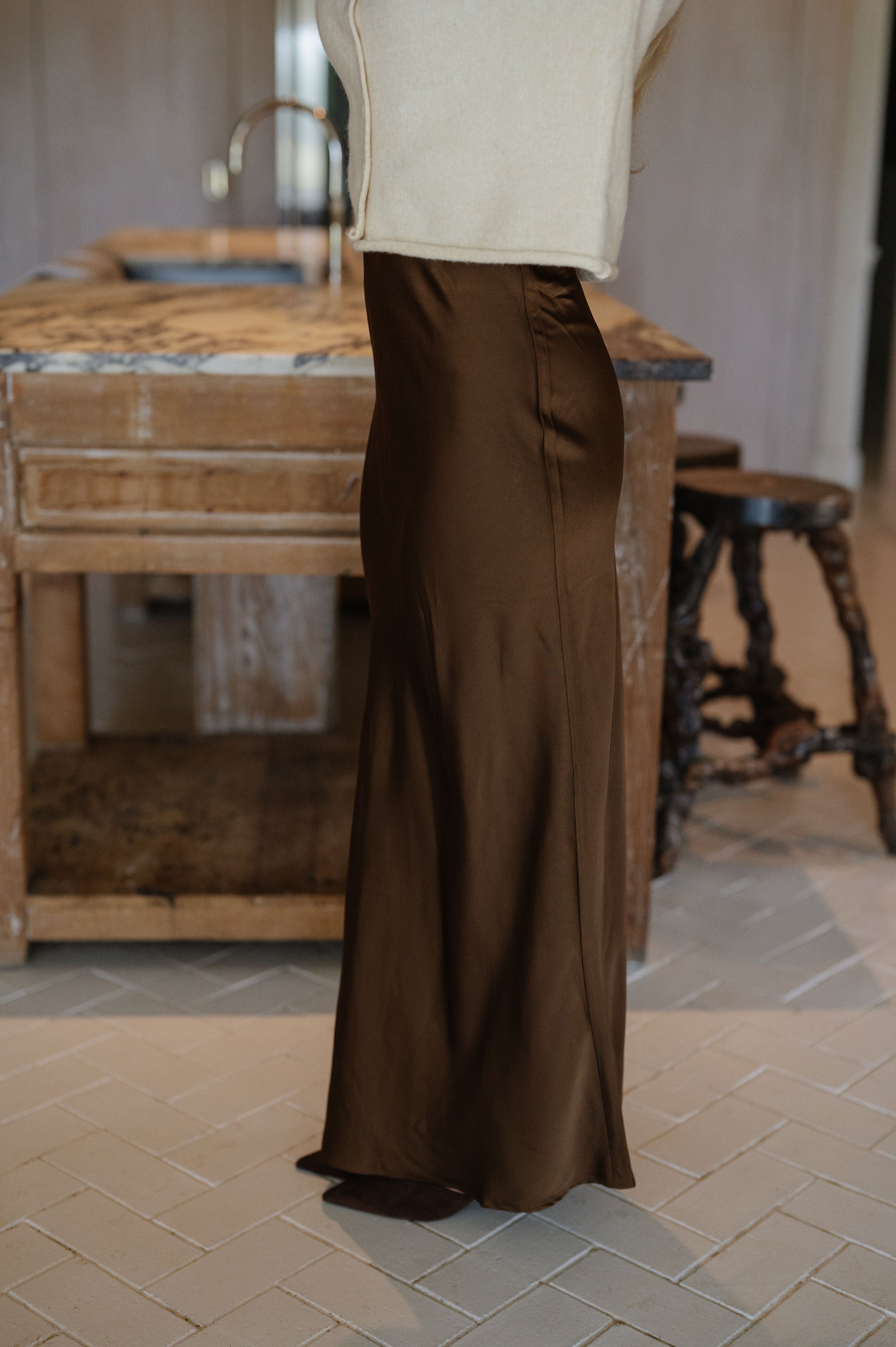 Rhea Satin Maxi Skirt-Brown