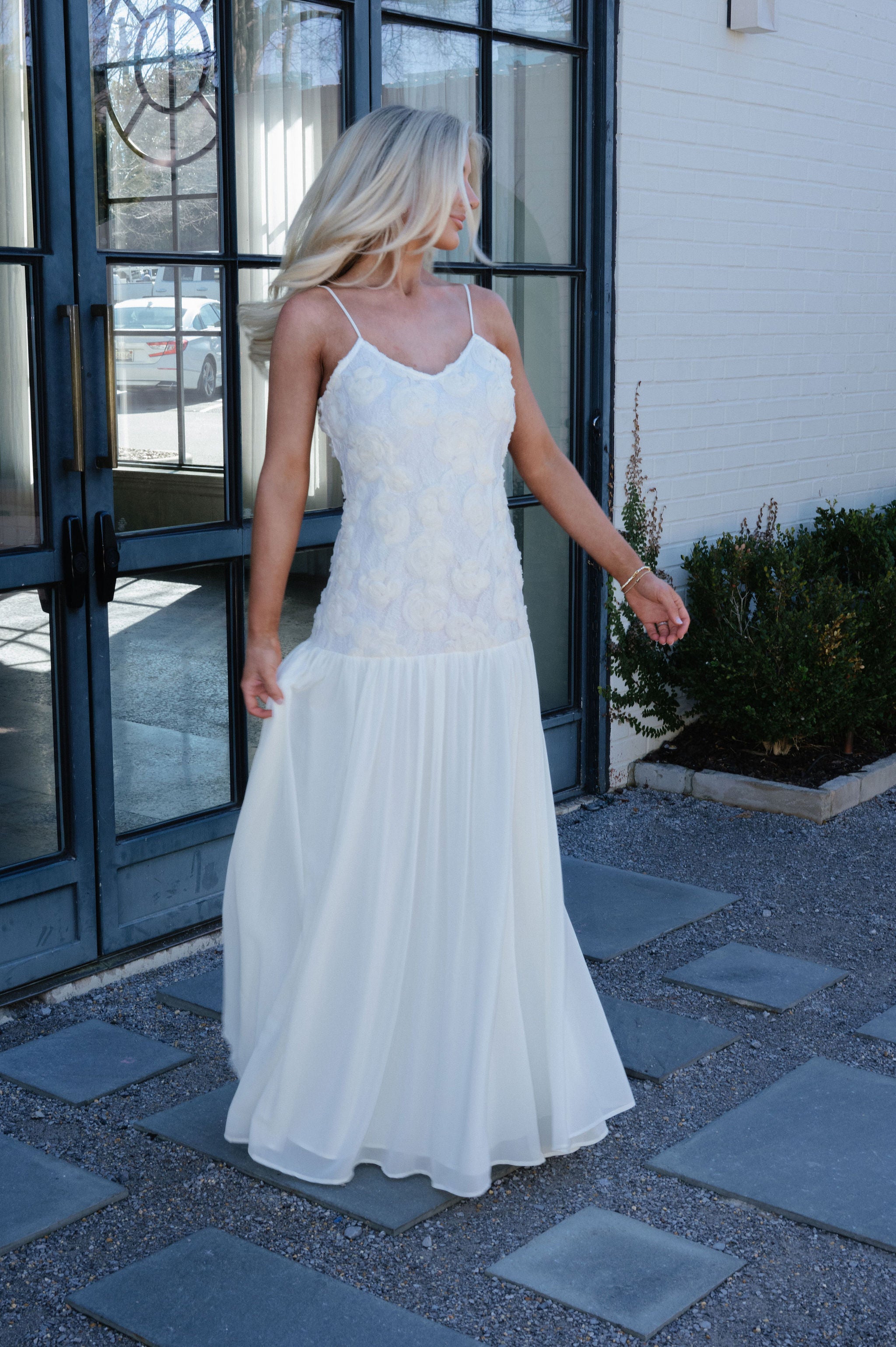 Elegant Rose Textured Maxi Dress-Ivory