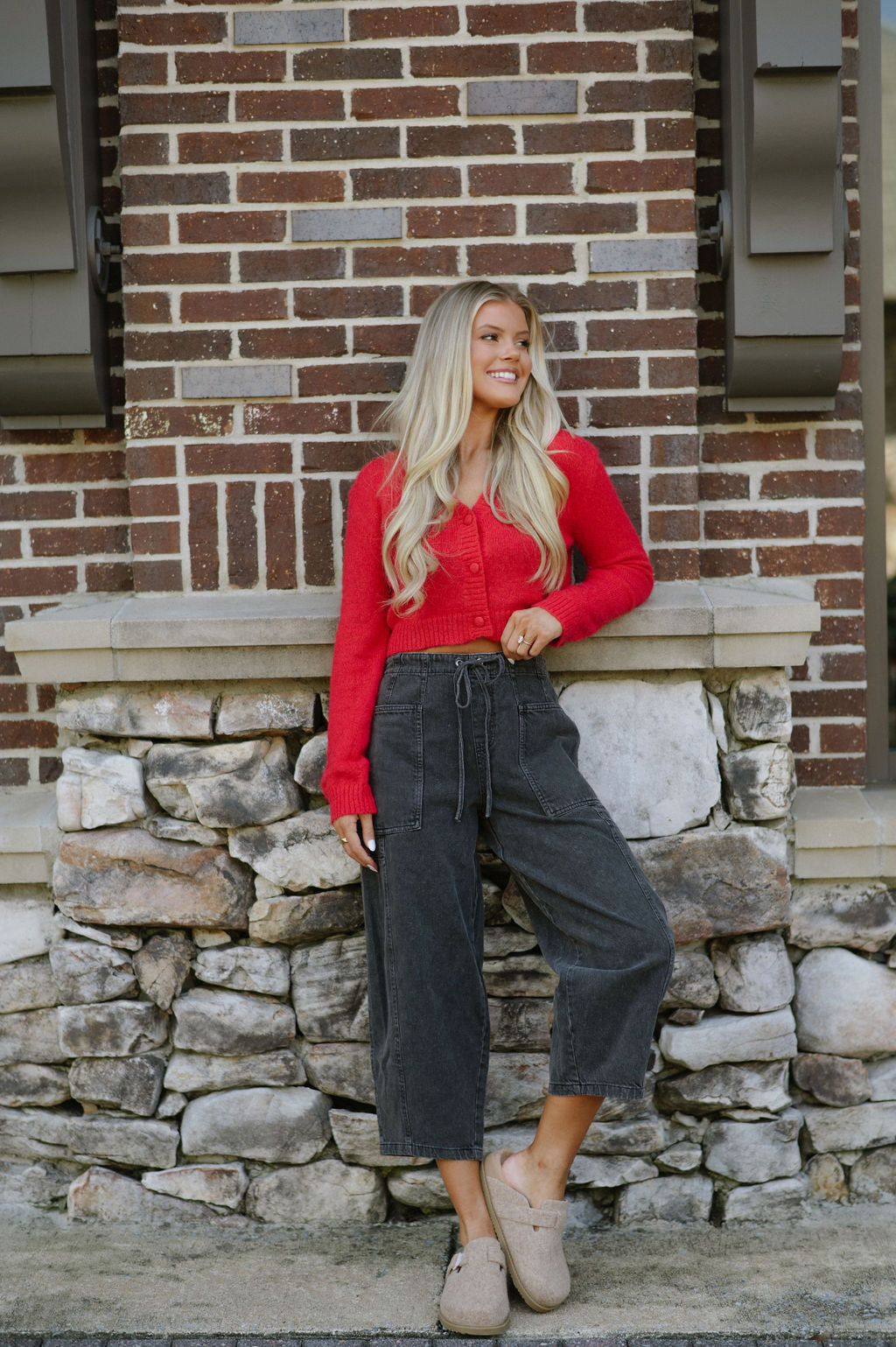 Knit Cropped Cardigan-Red