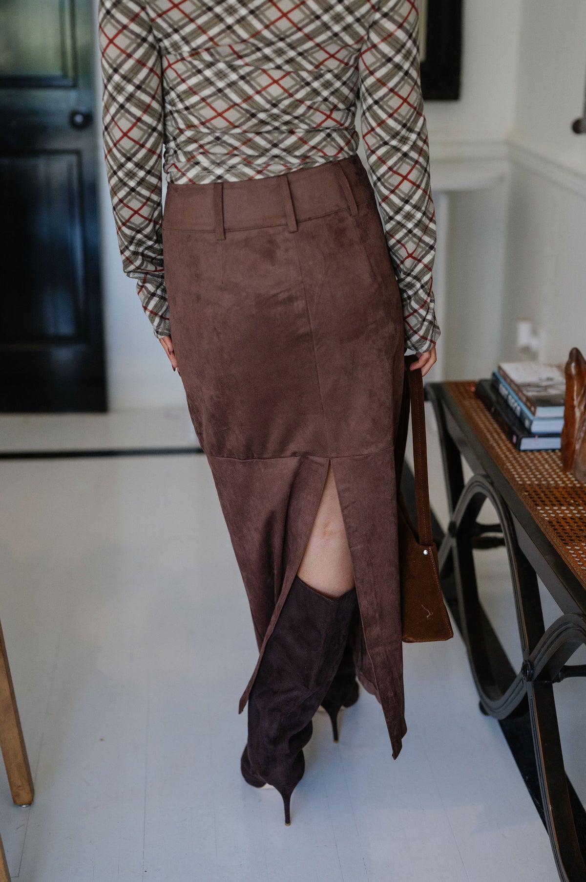 Drew Faux Suede Midi Skirt-Espresso