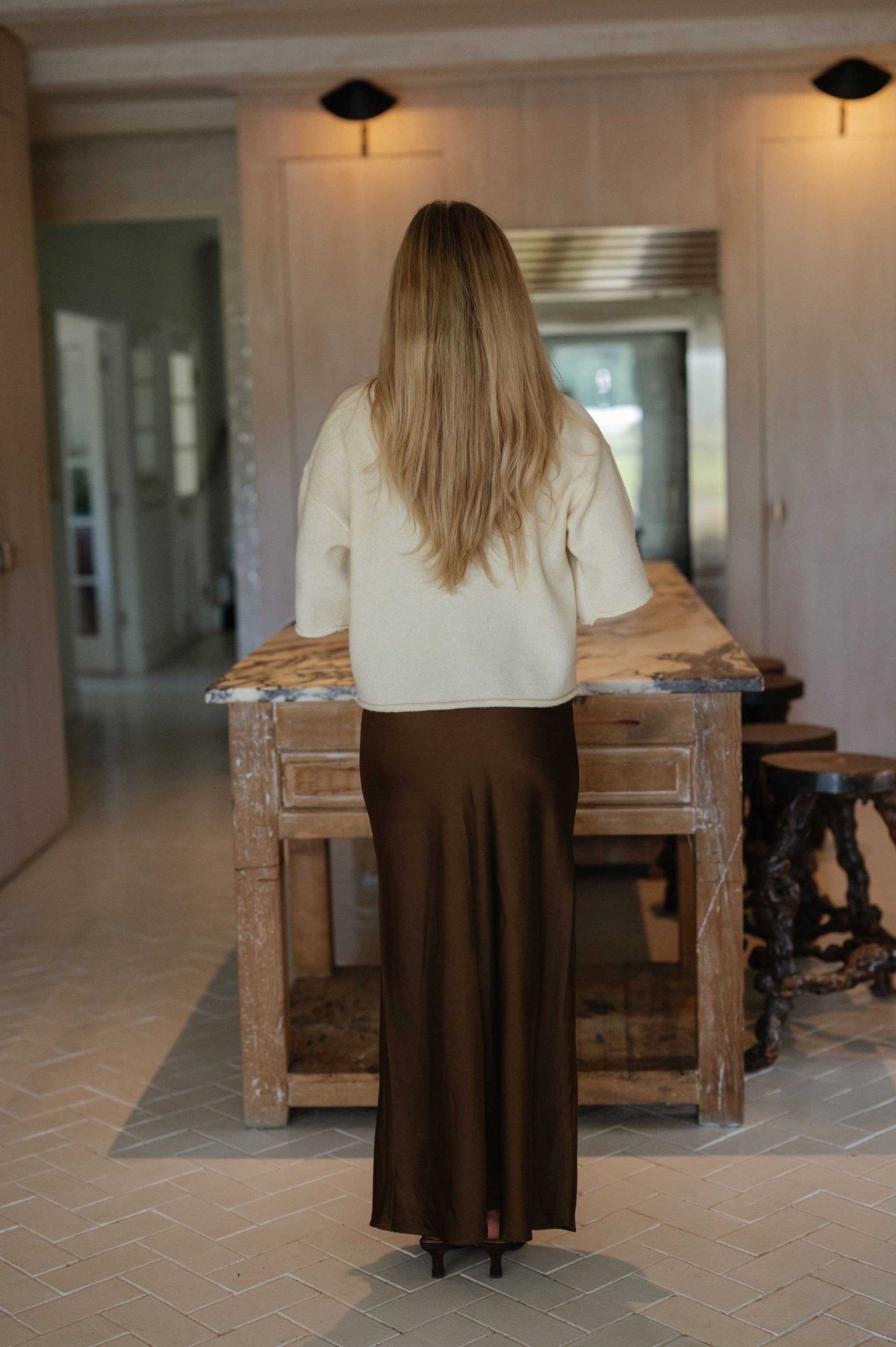 Rhea Satin Maxi Skirt-Brown