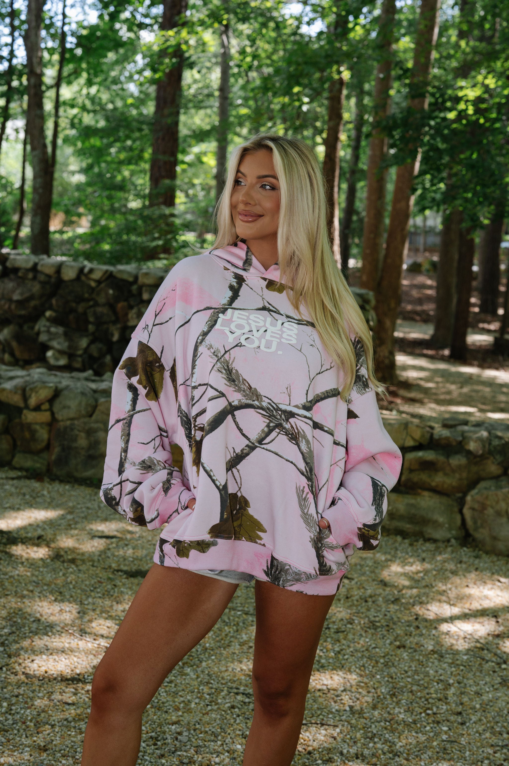 "Jesus Loves You" Woodland Hoodie-Pink Camo
