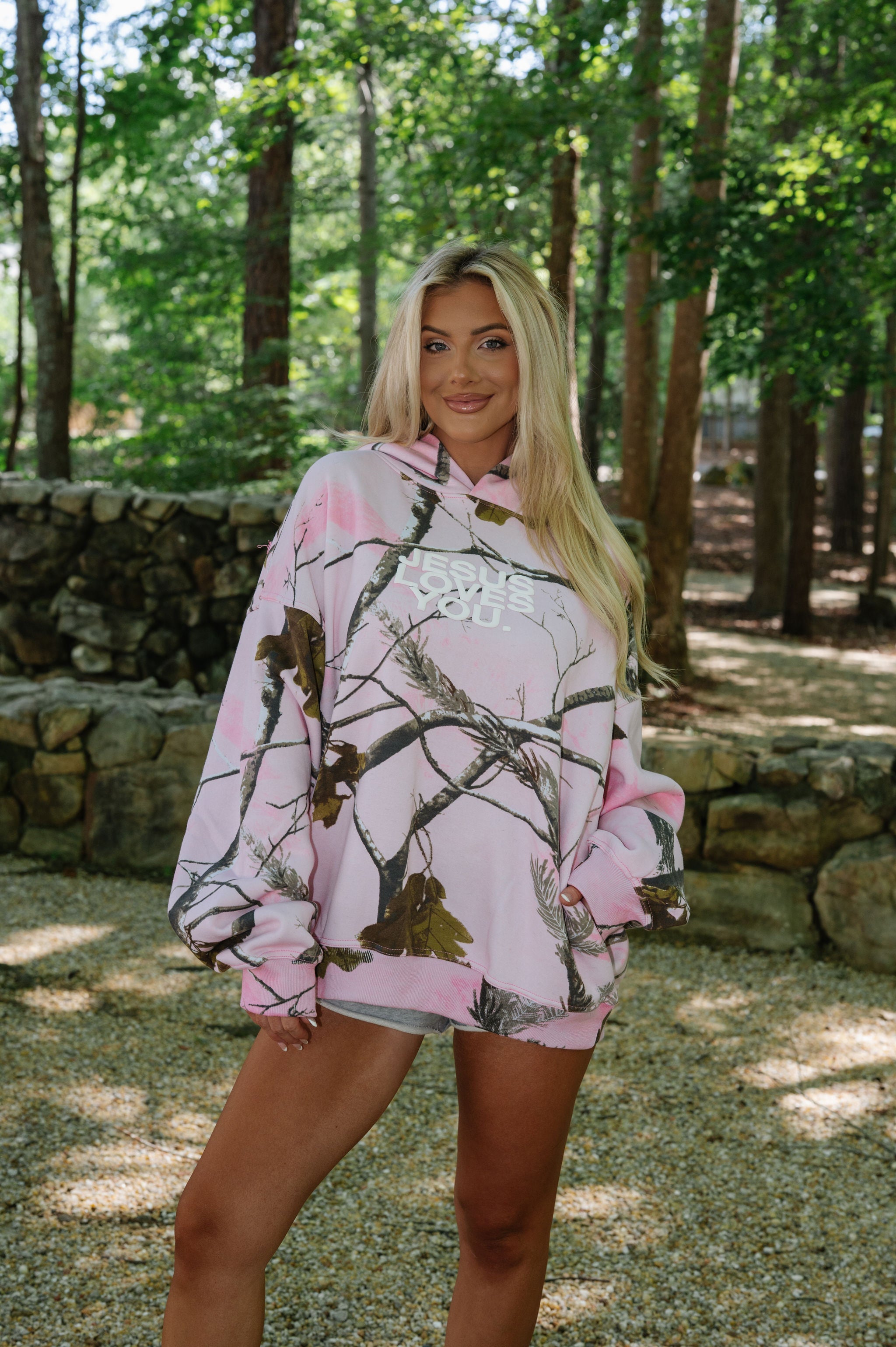 "Jesus Loves You" Woodland Hoodie-Pink Camo