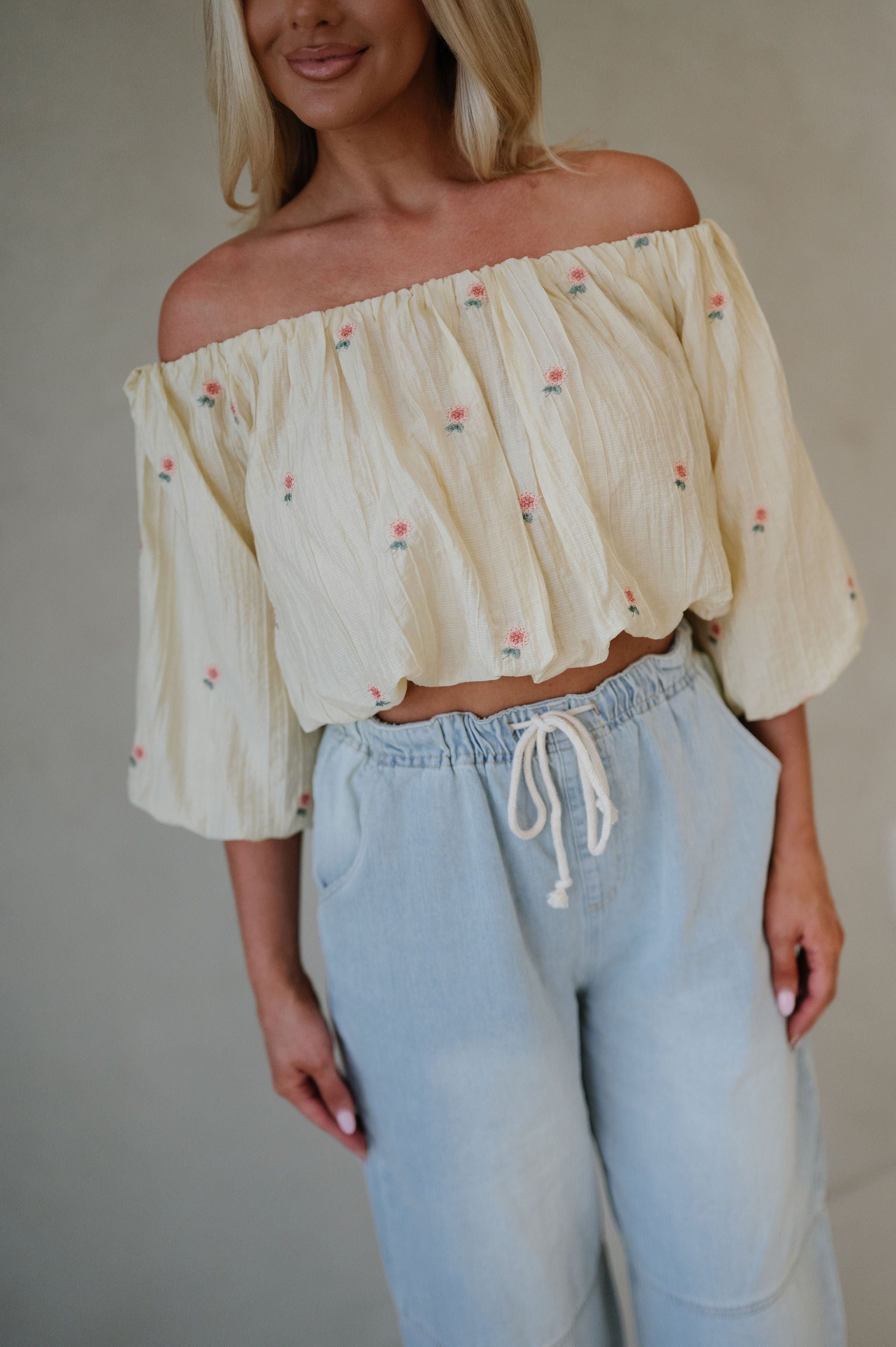 Floral OTS Embroidered Blouse-Light Yellow