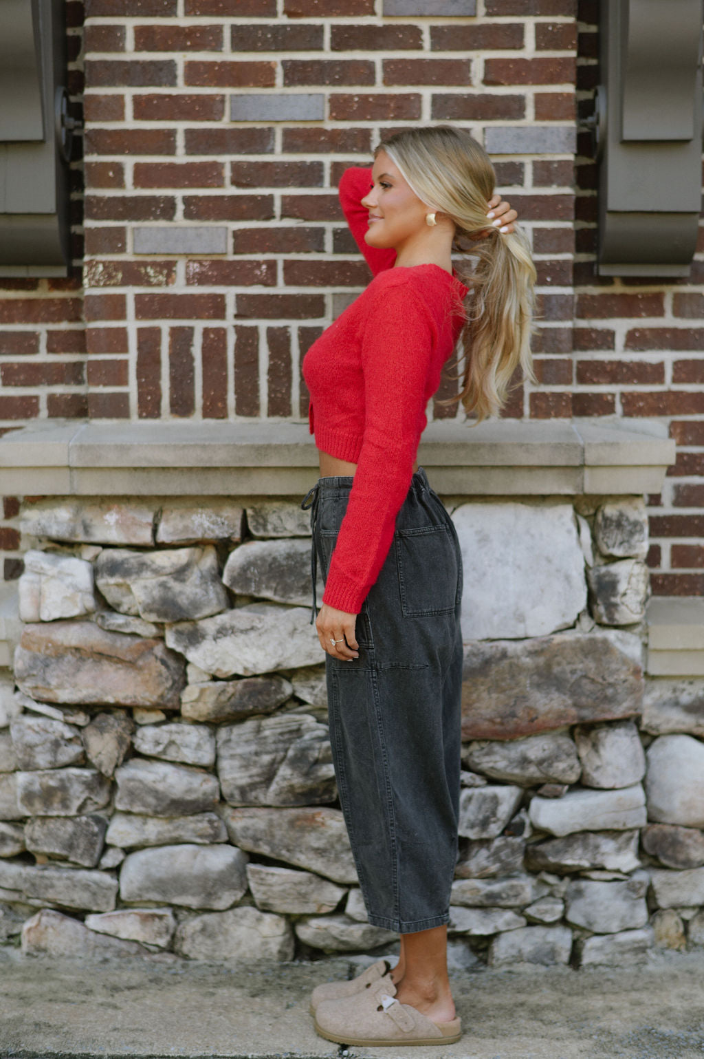 Knit Cropped Cardigan-Red