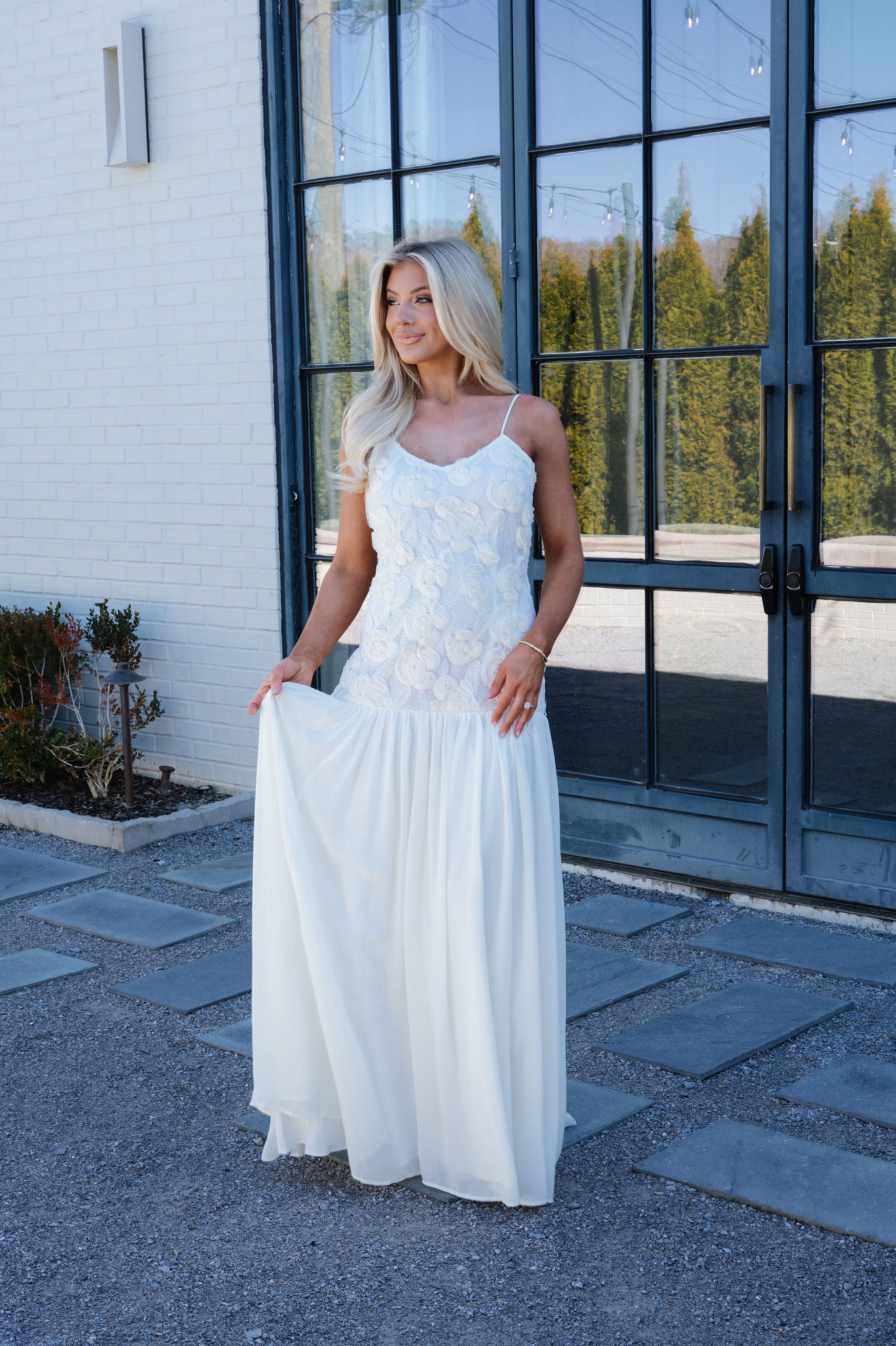 Elegant Rose Textured Maxi Dress-Ivory