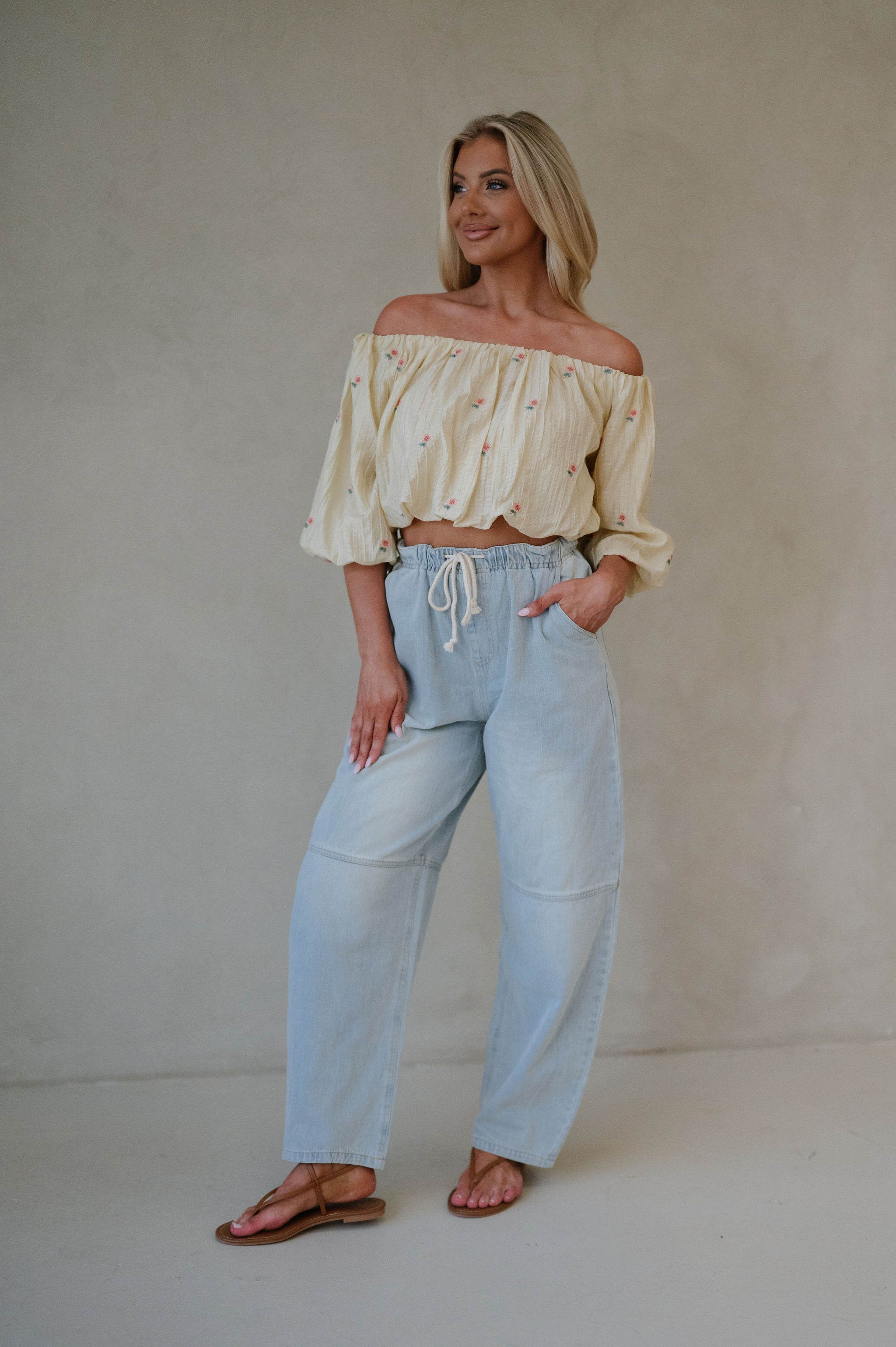 Floral OTS Embroidered Blouse-Light Yellow