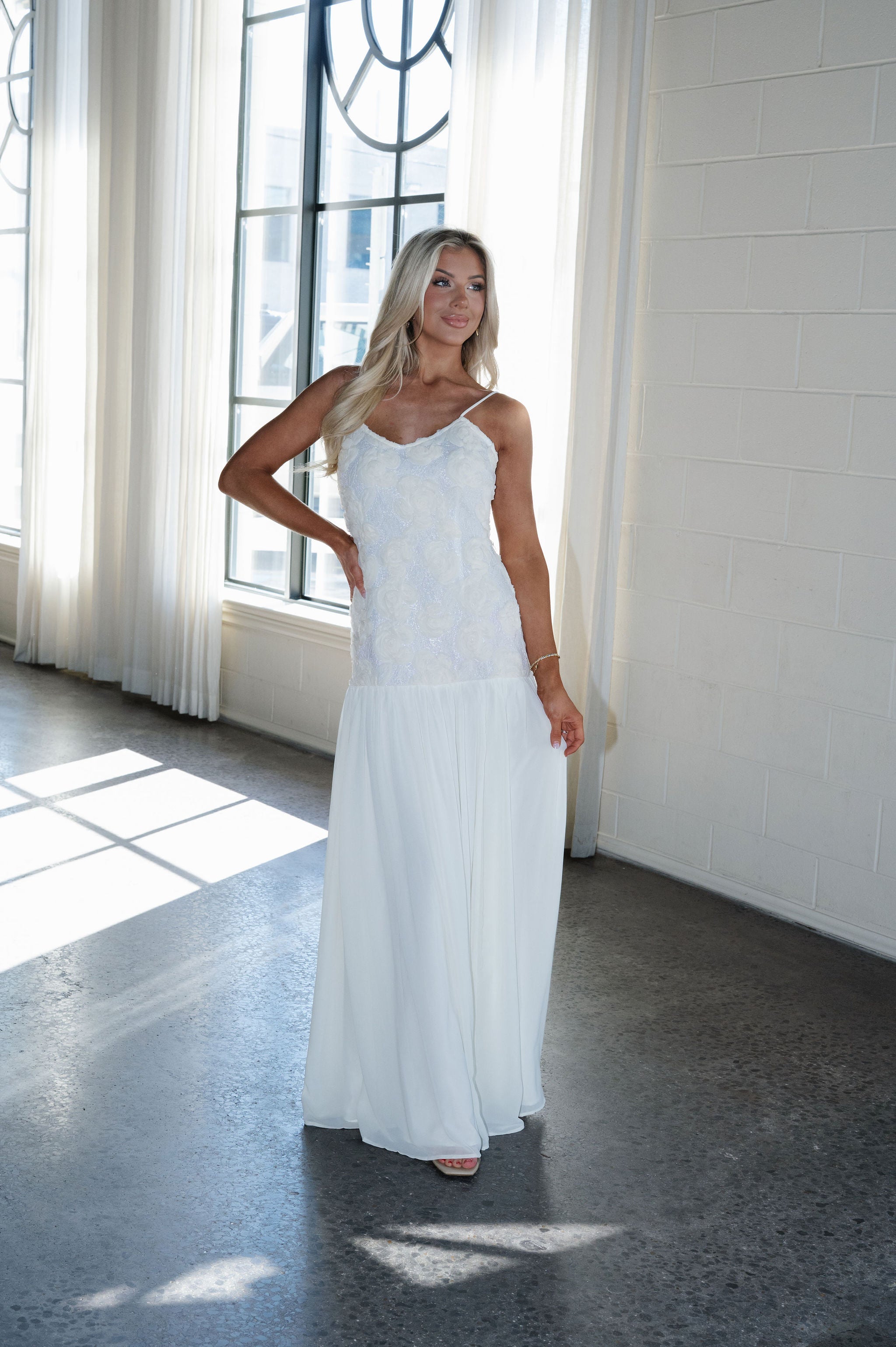 Elegant Rose Textured Maxi Dress-Ivory