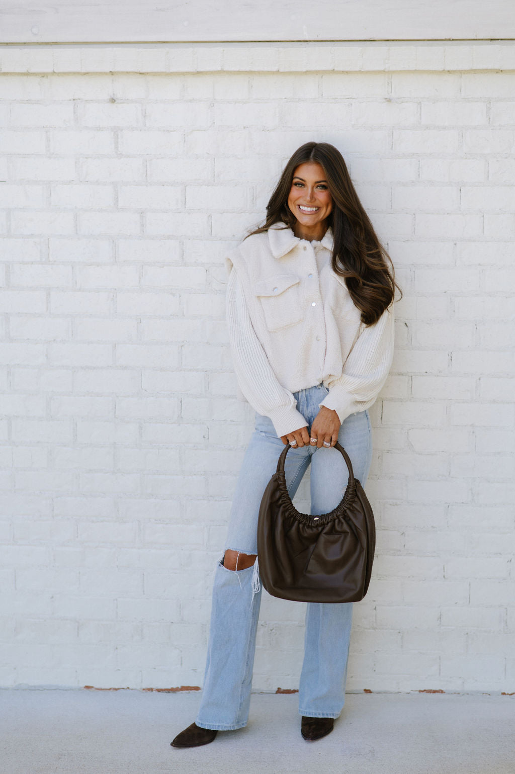 Contrast Faux Fur Vest Jacket-Ivory