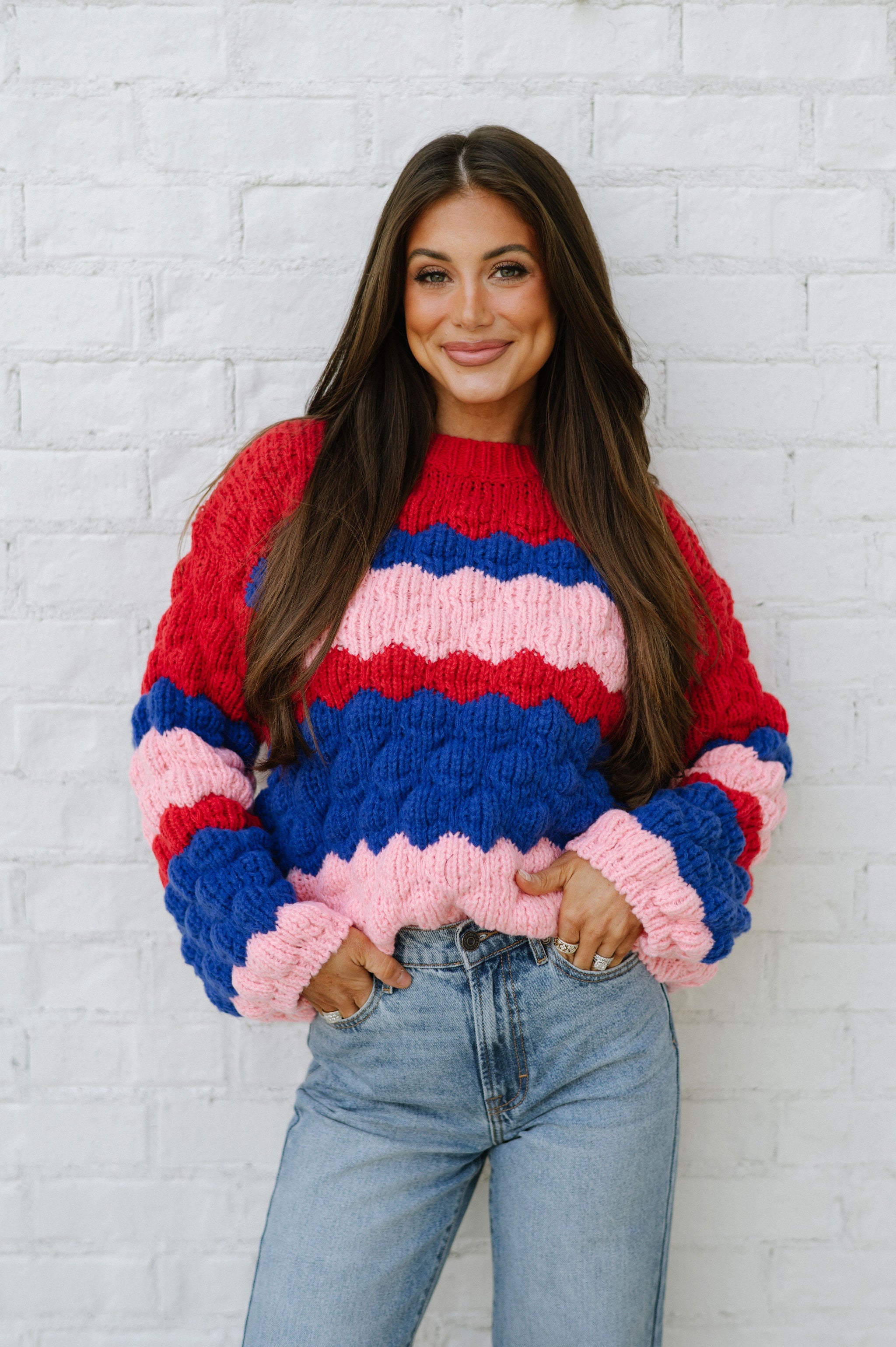 Colorblock Textured Sweater-Pink Multi