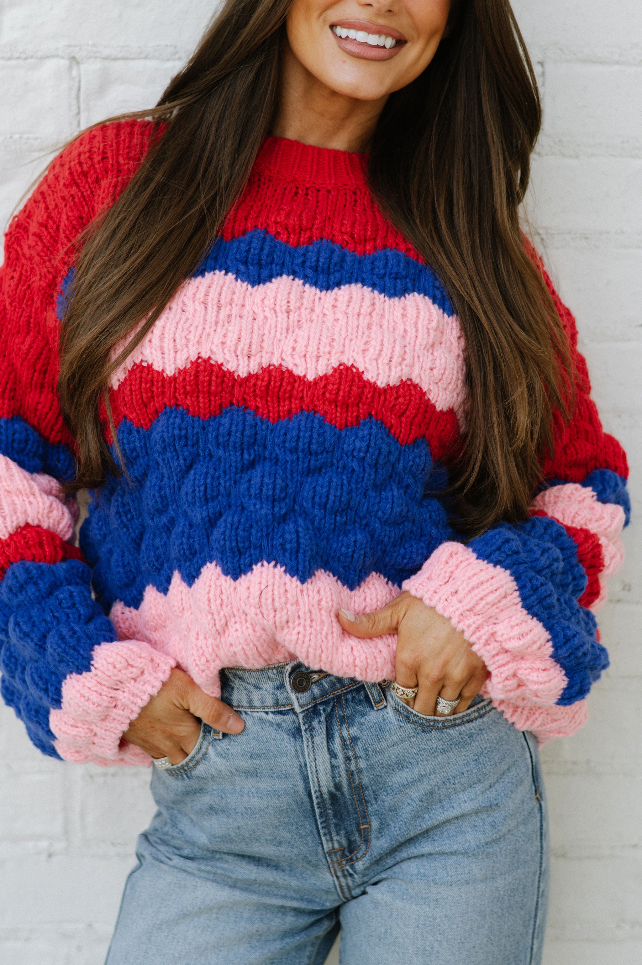 Colorblock Textured Sweater-Pink Multi