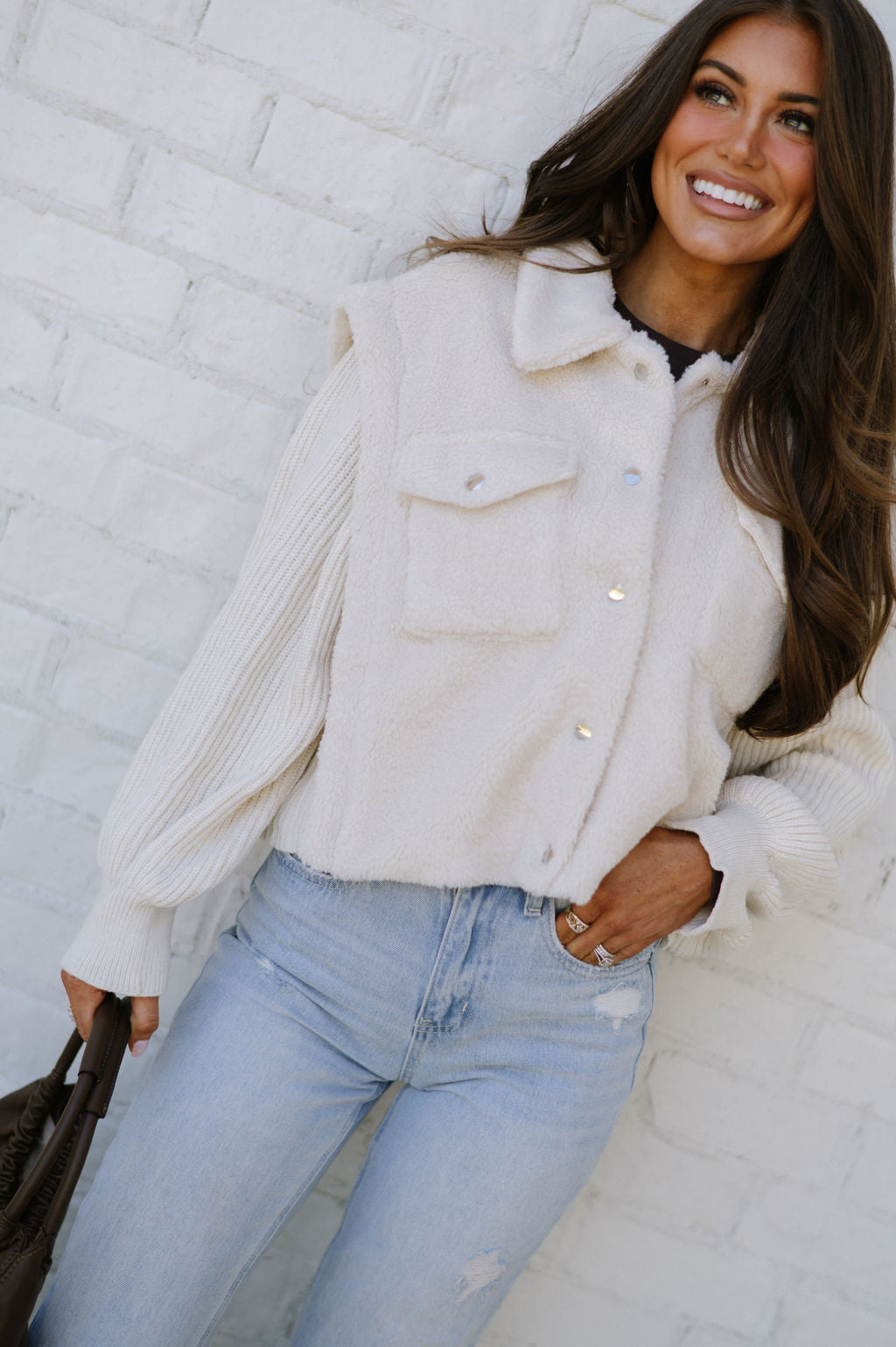 Contrast Faux Fur Vest Jacket-Ivory