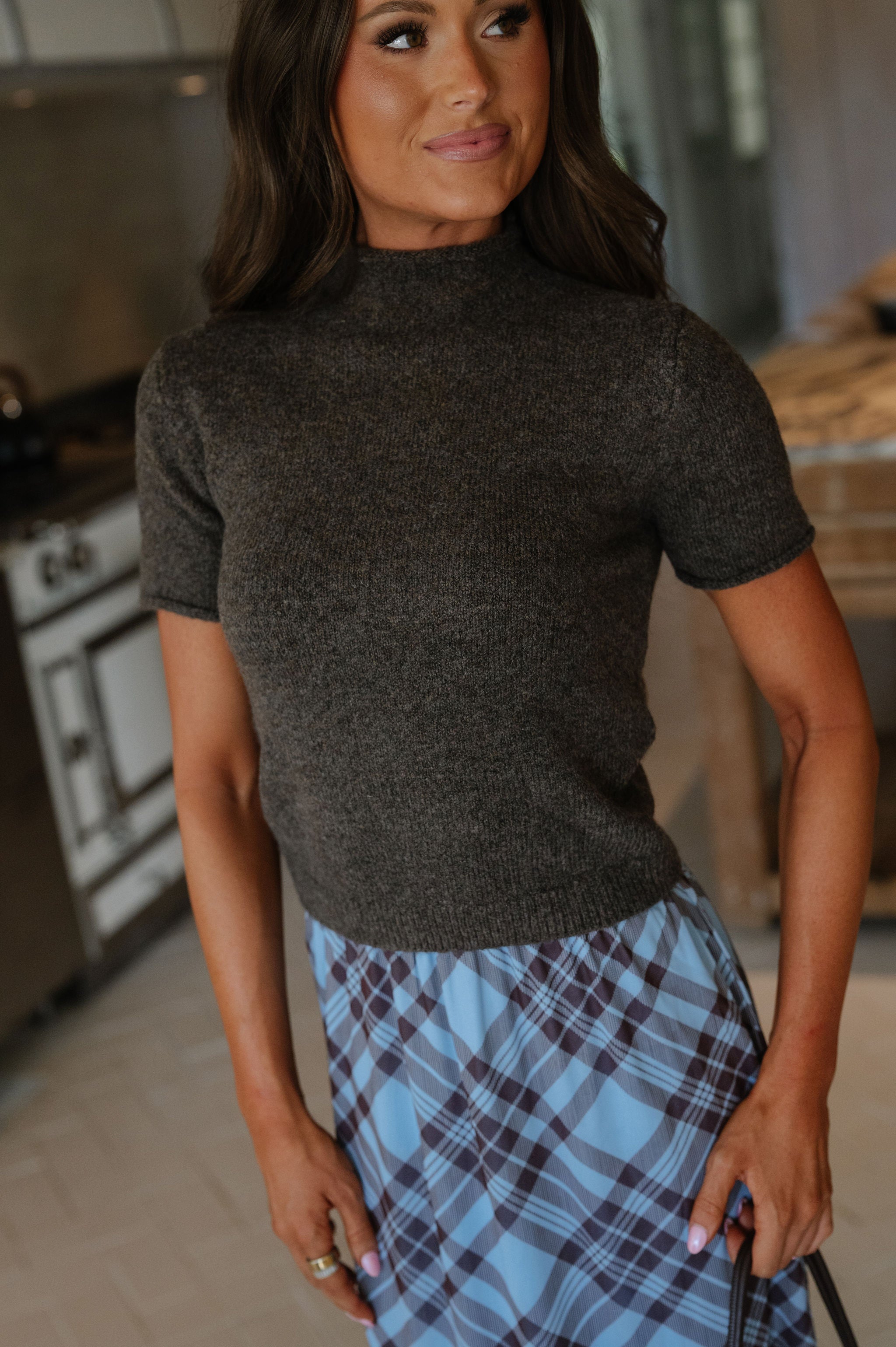 Alani Mock Neck Knit Top-Brown