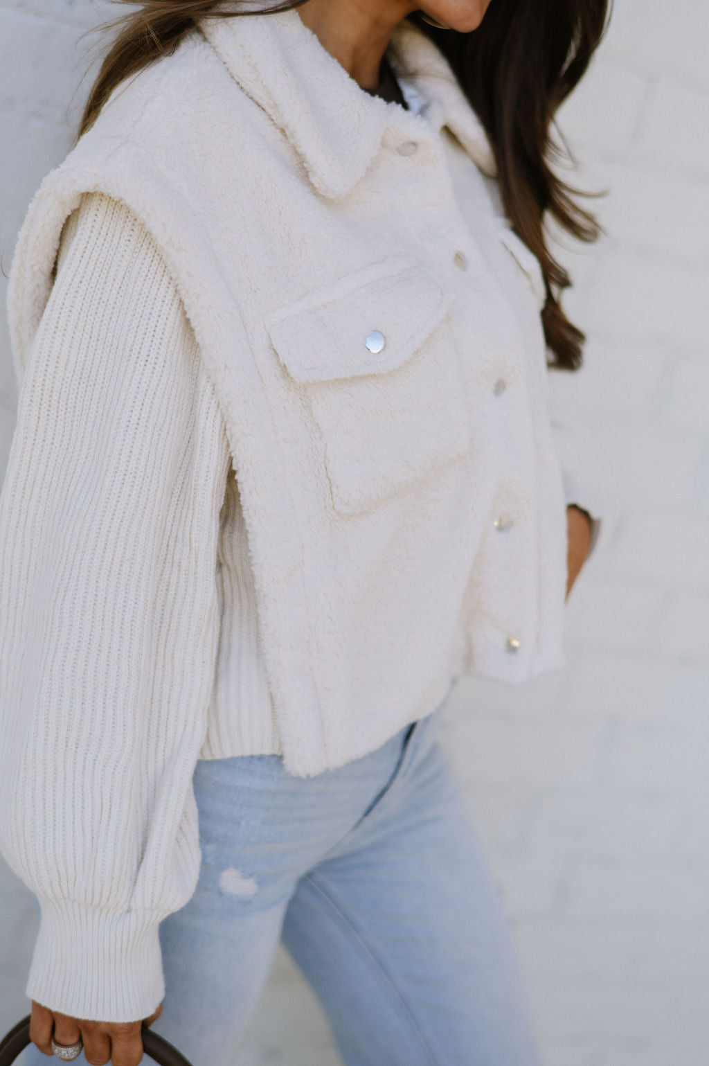 Contrast Faux Fur Vest Jacket-Ivory