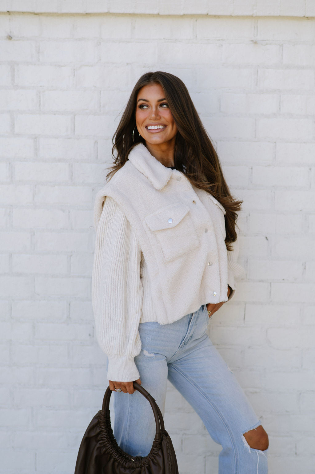 Contrast Faux Fur Vest Jacket-Ivory