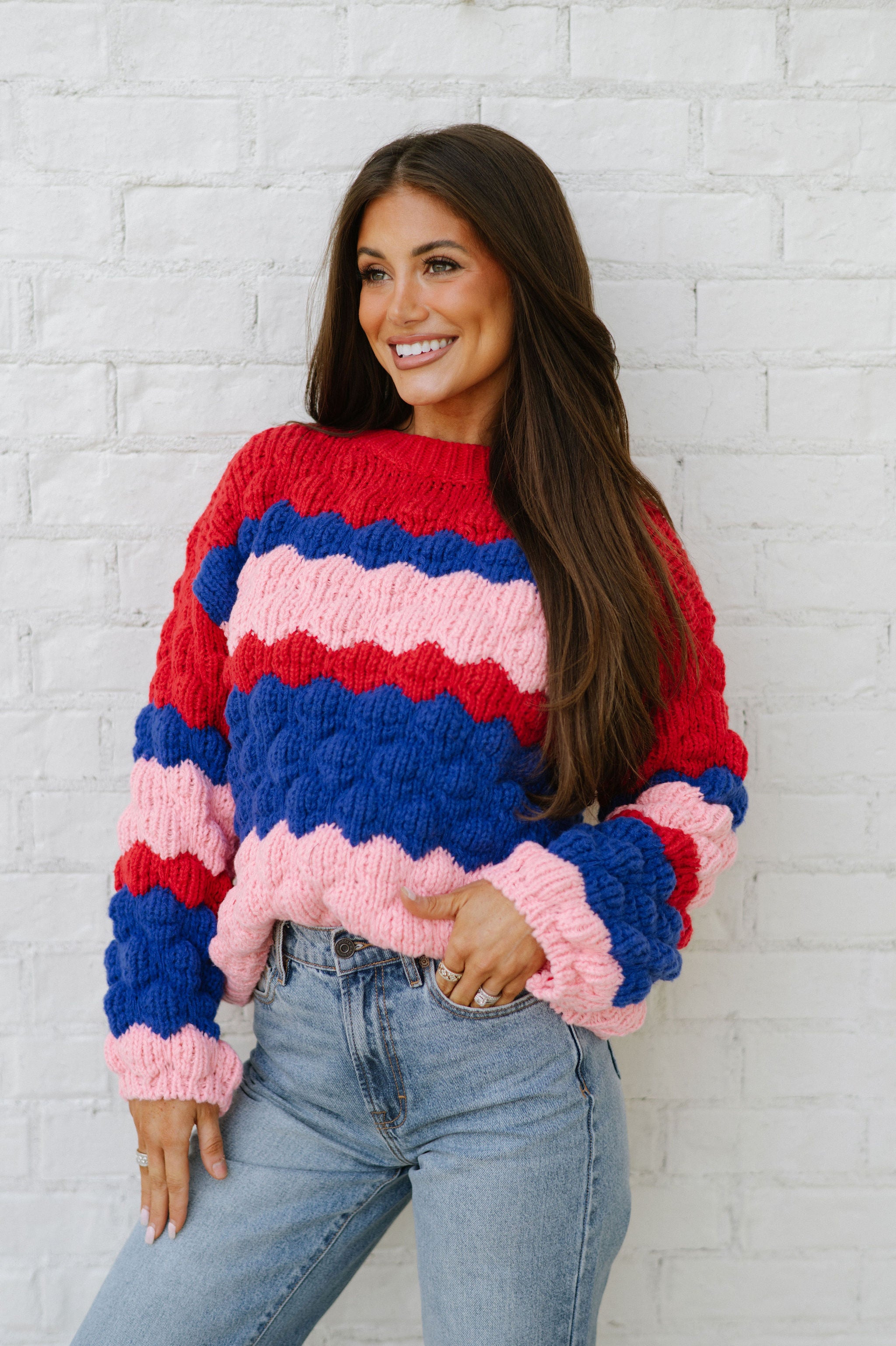 Colorblock Textured Sweater-Pink Multi