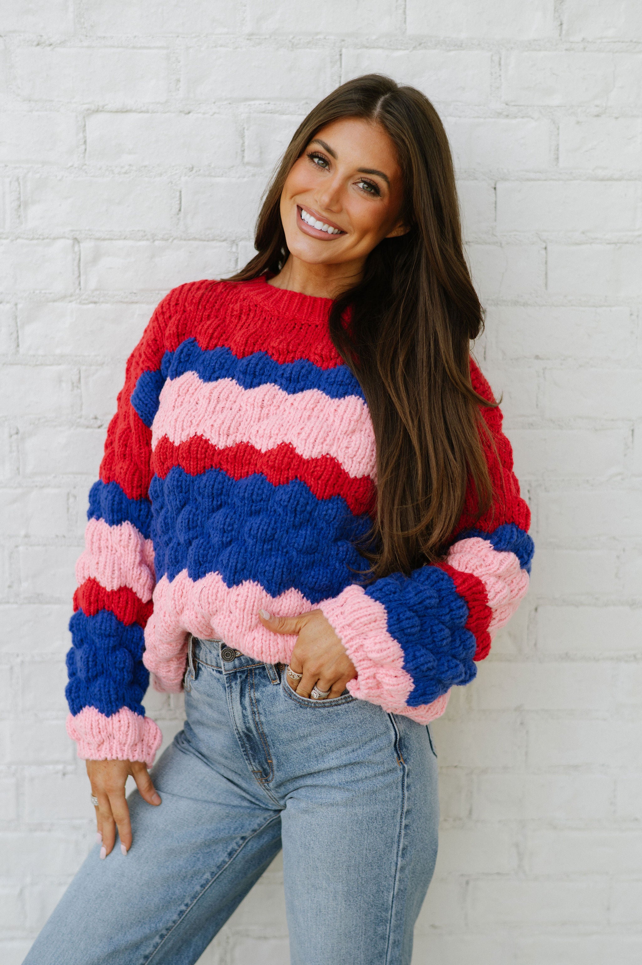 Colorblock Textured Sweater-Pink Multi