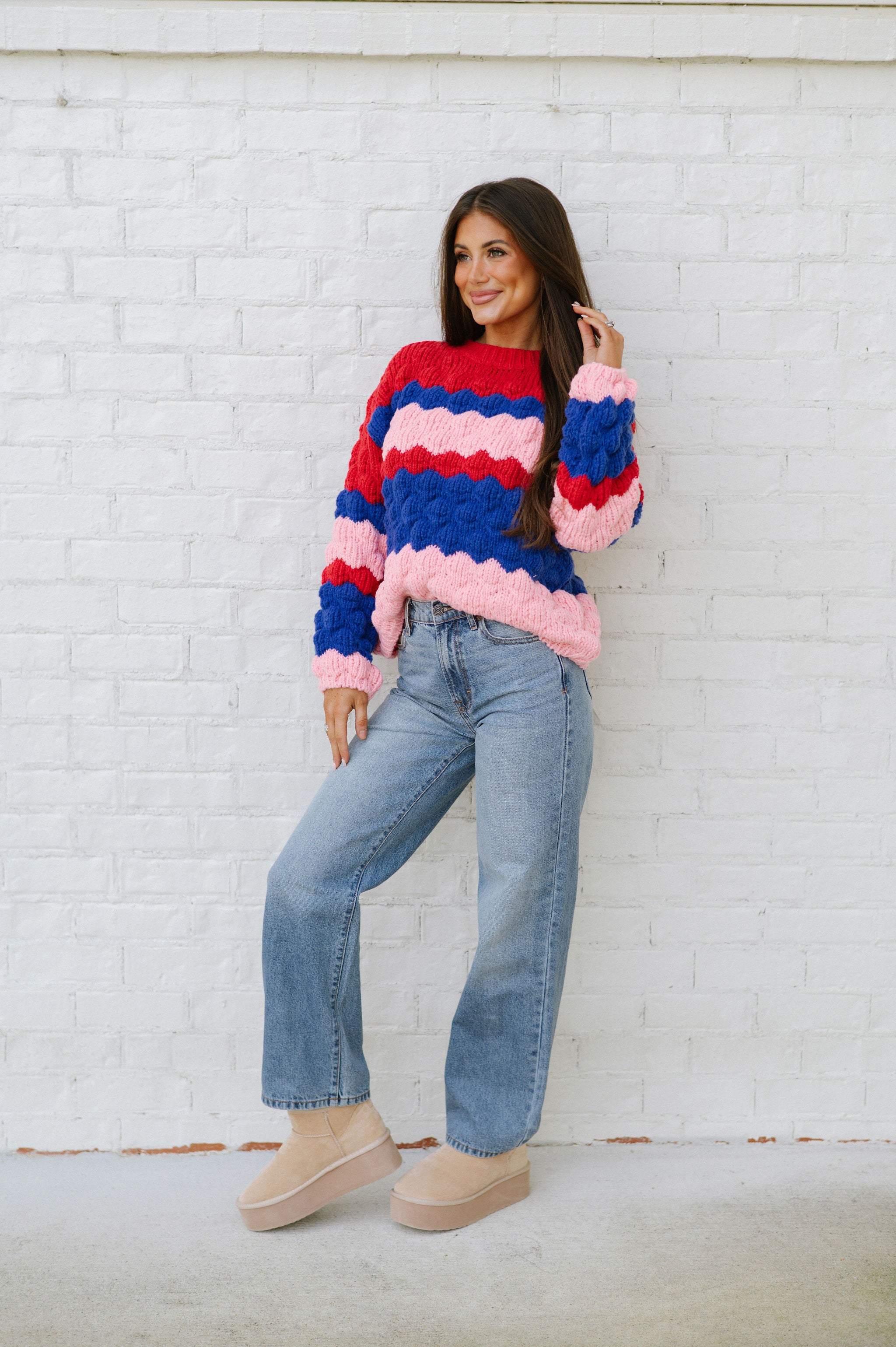 Colorblock Textured Sweater-Pink Multi