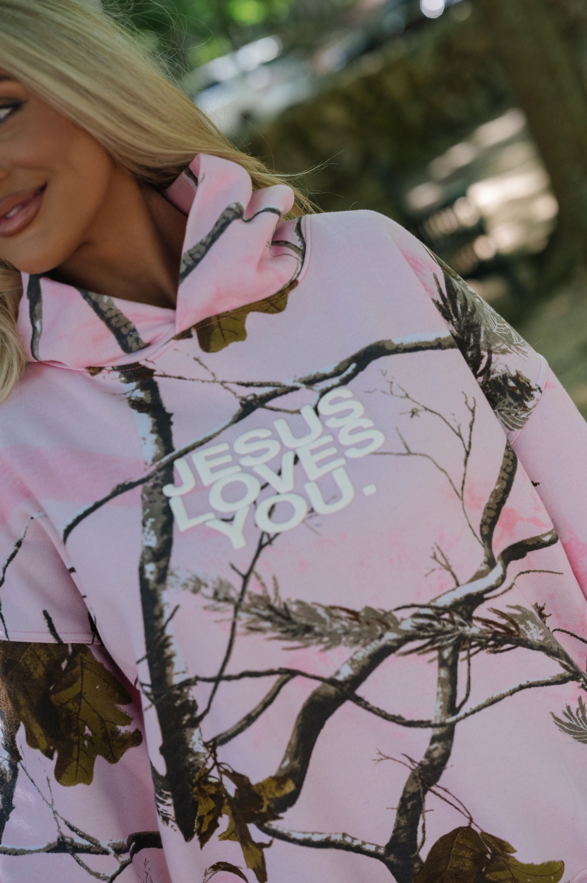 "Jesus Loves You" Woodland Hoodie-Pink Camo