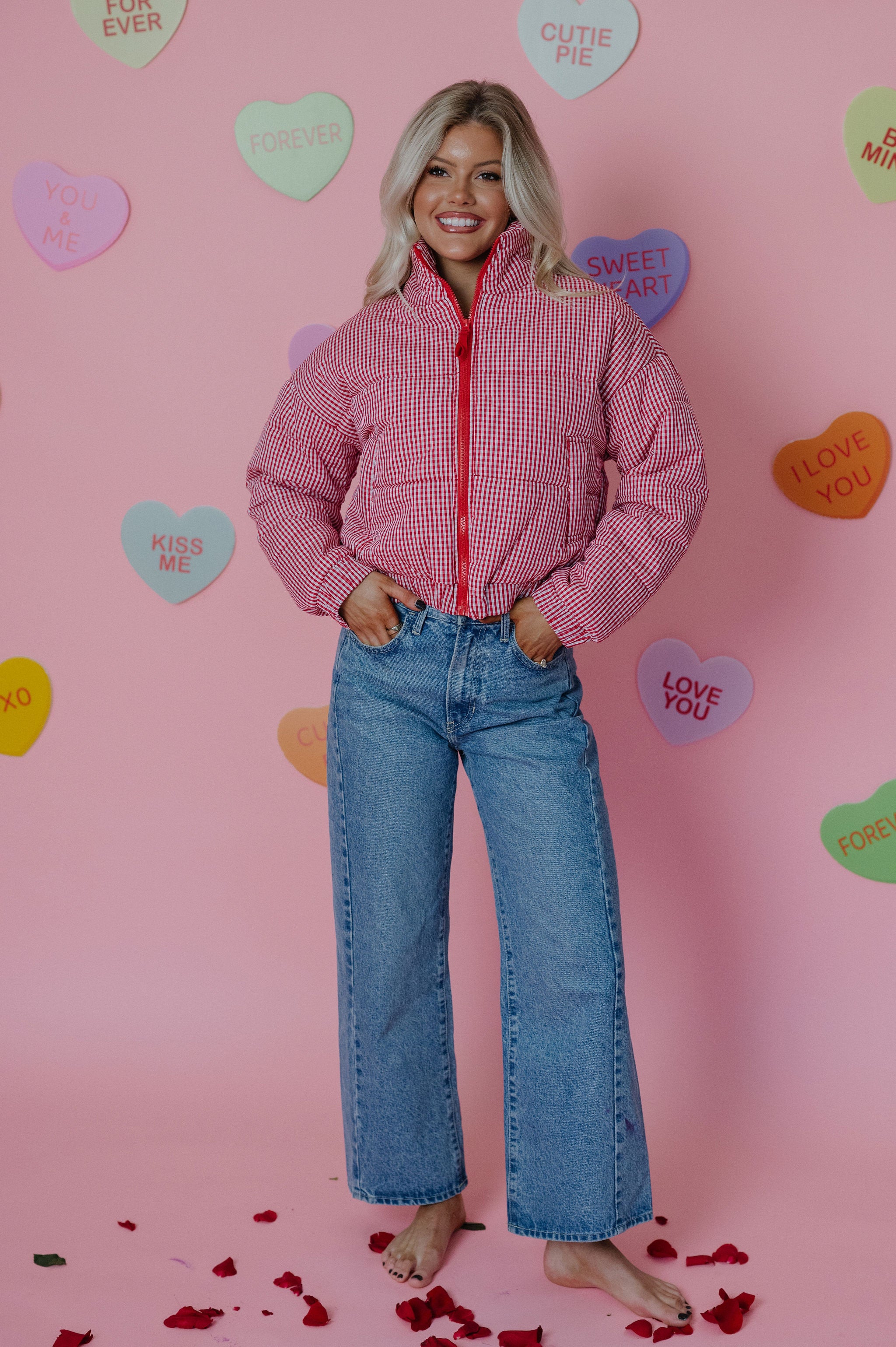 Hollen Gingham Puffer Jacket-Red/White