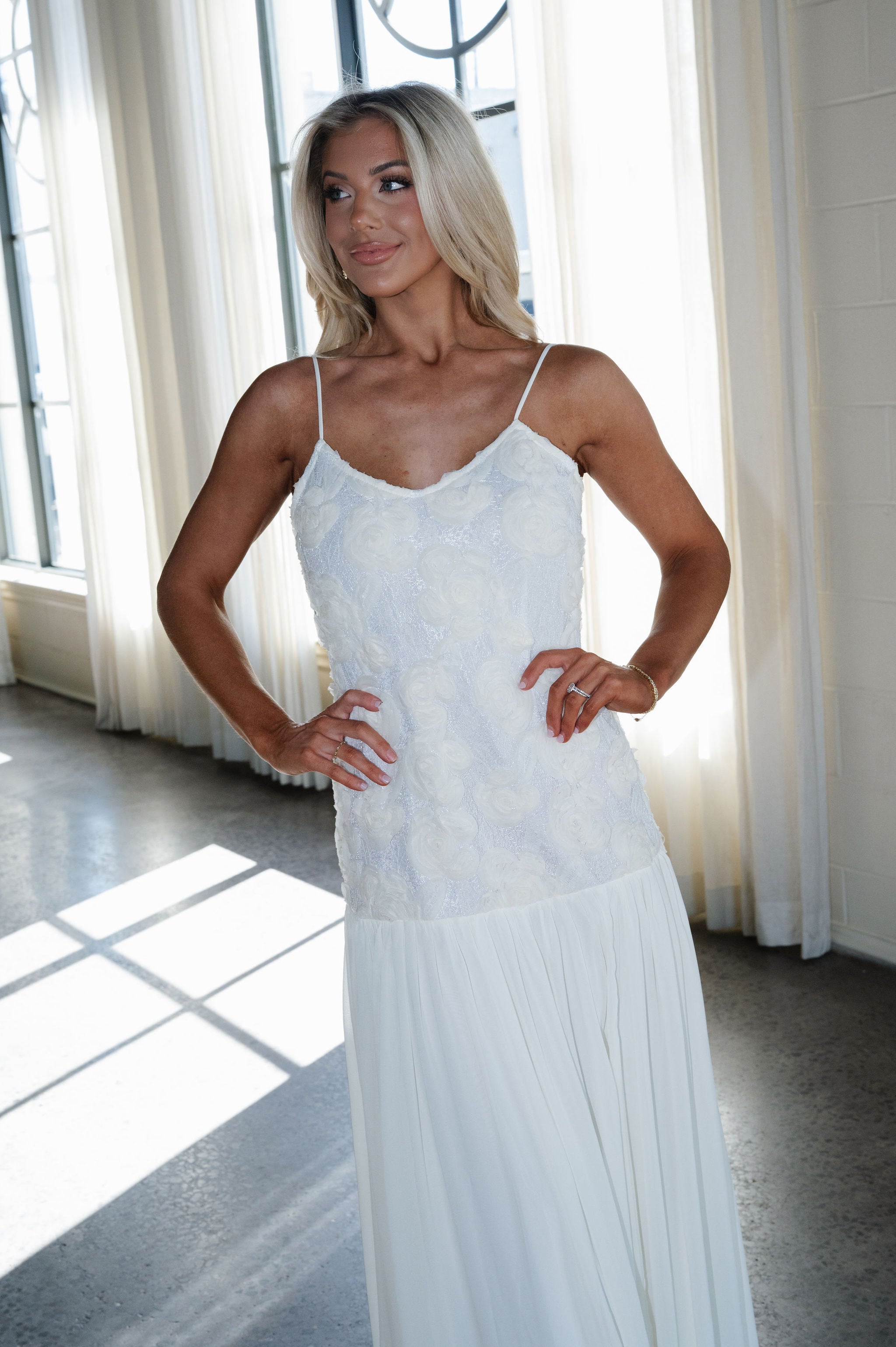 Elegant Rose Textured Maxi Dress-Ivory