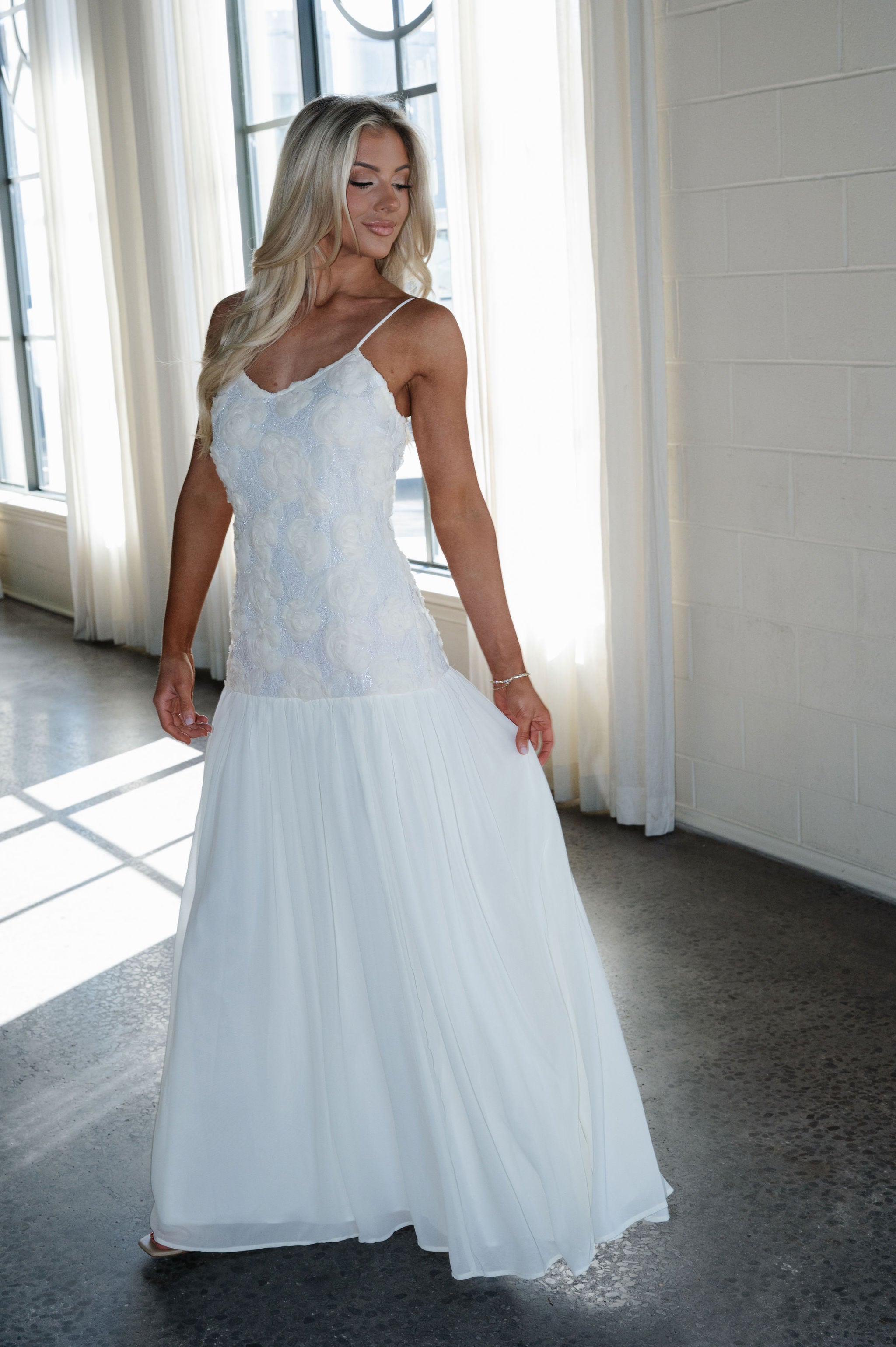 Elegant Rose Textured Maxi Dress-Ivory