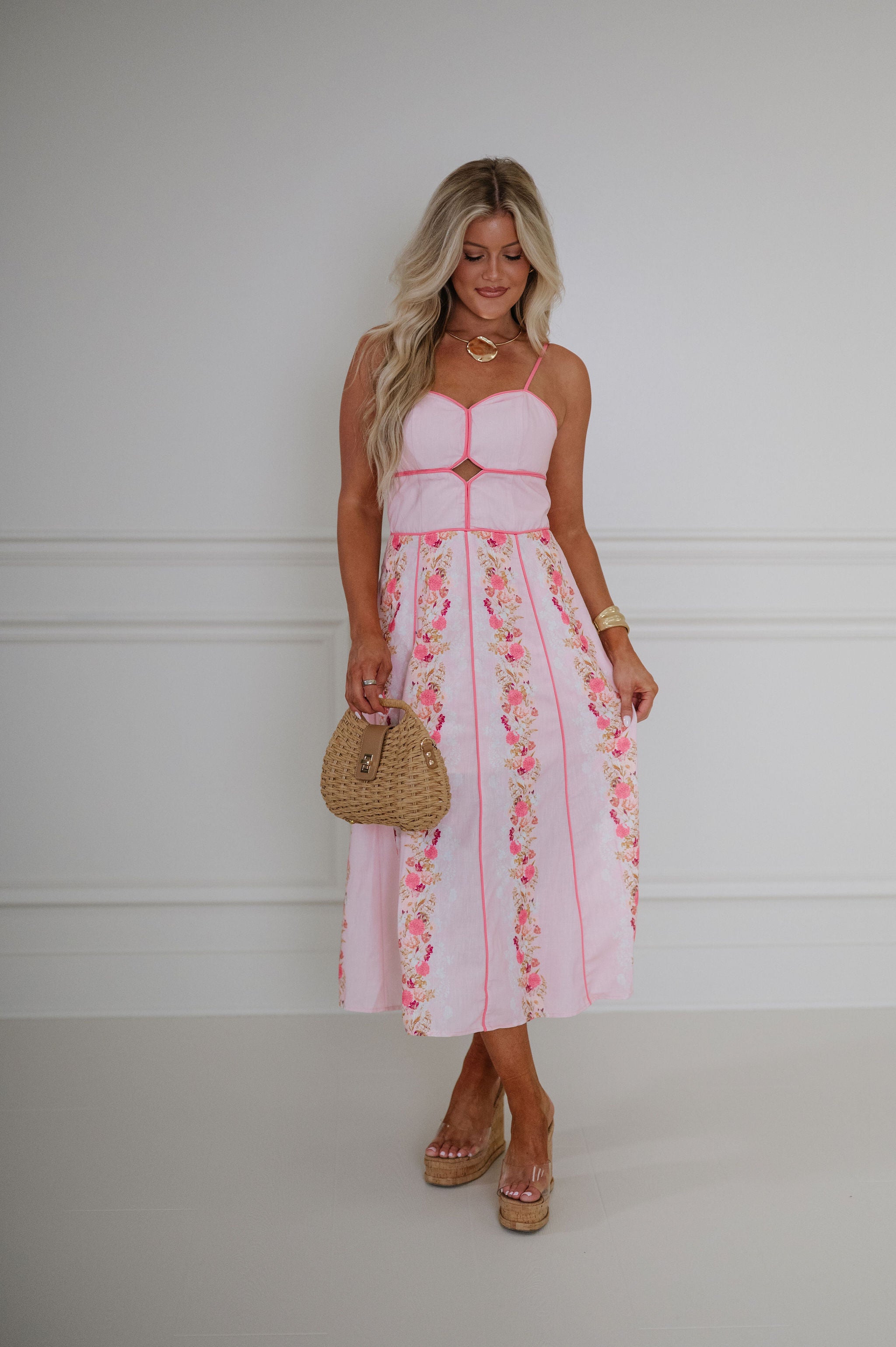 Macie Floral Printed Midi Dress-Pink Multi