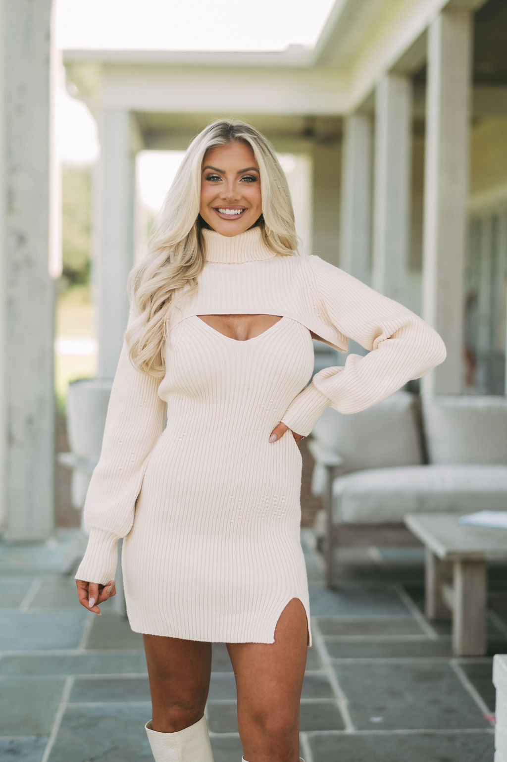 Two Piece Sweater Set Dress- Cream