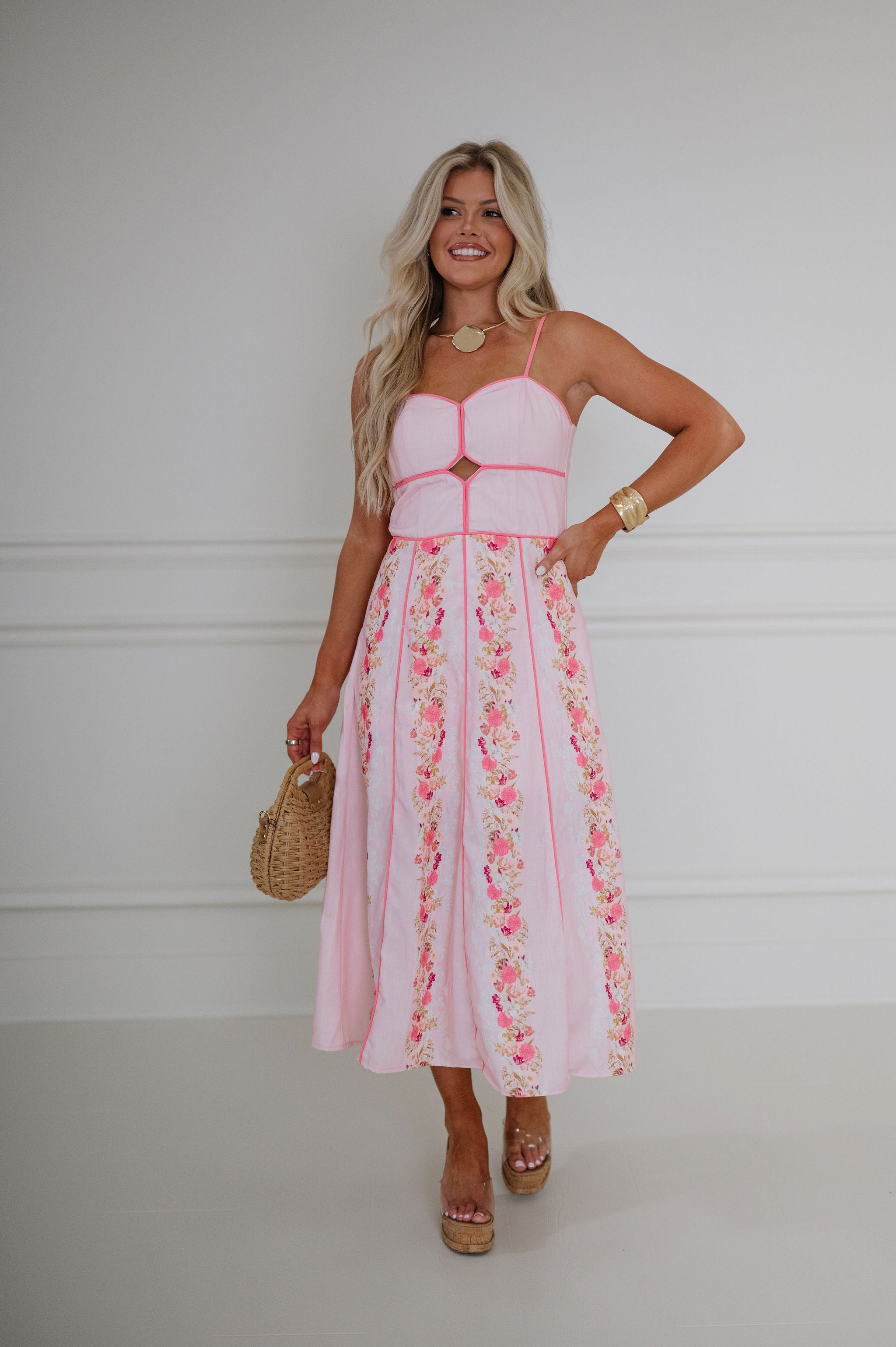 Macie Floral Printed Midi Dress-Pink Multi