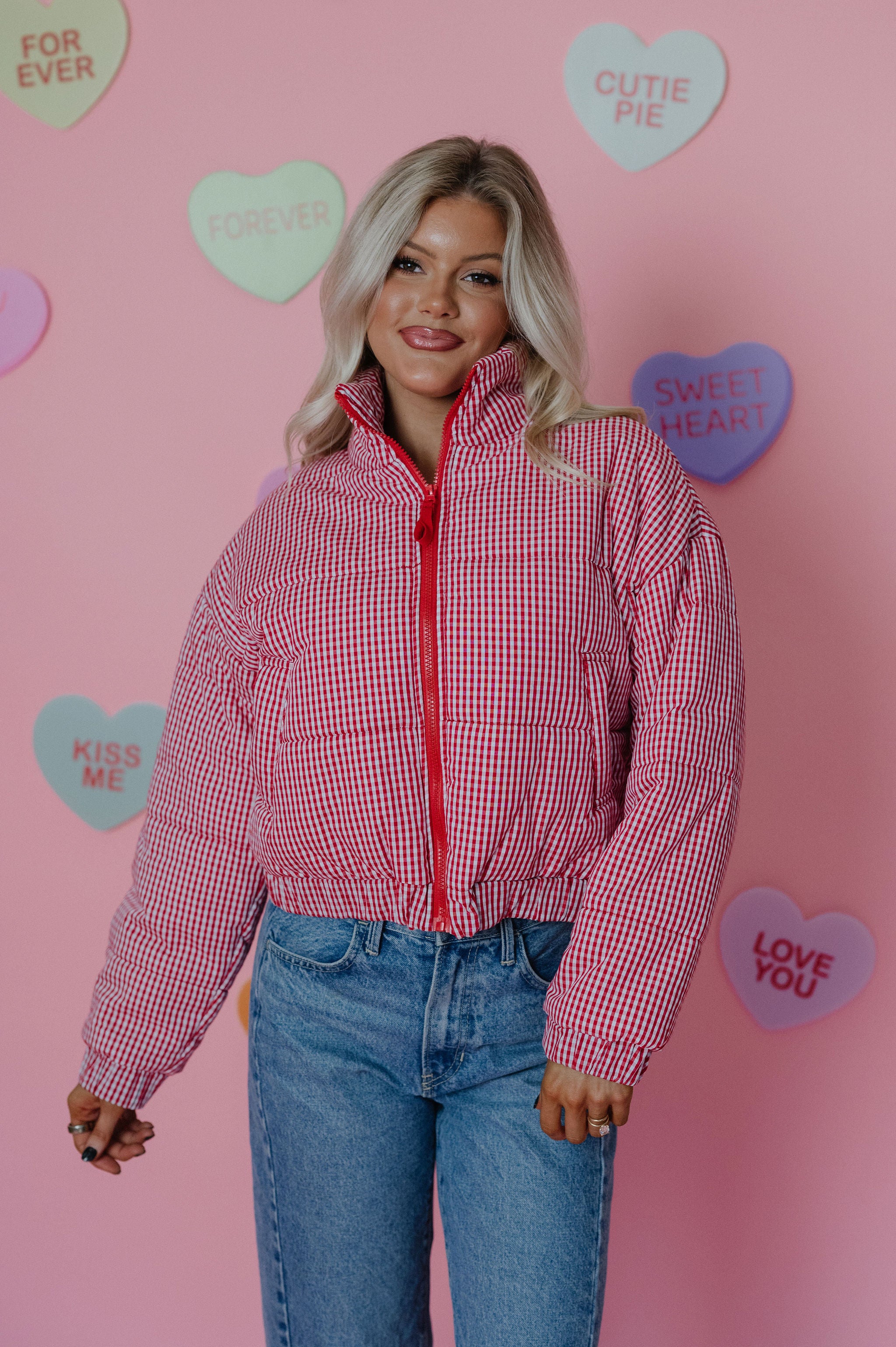 Hollen Gingham Puffer Jacket-Red/White