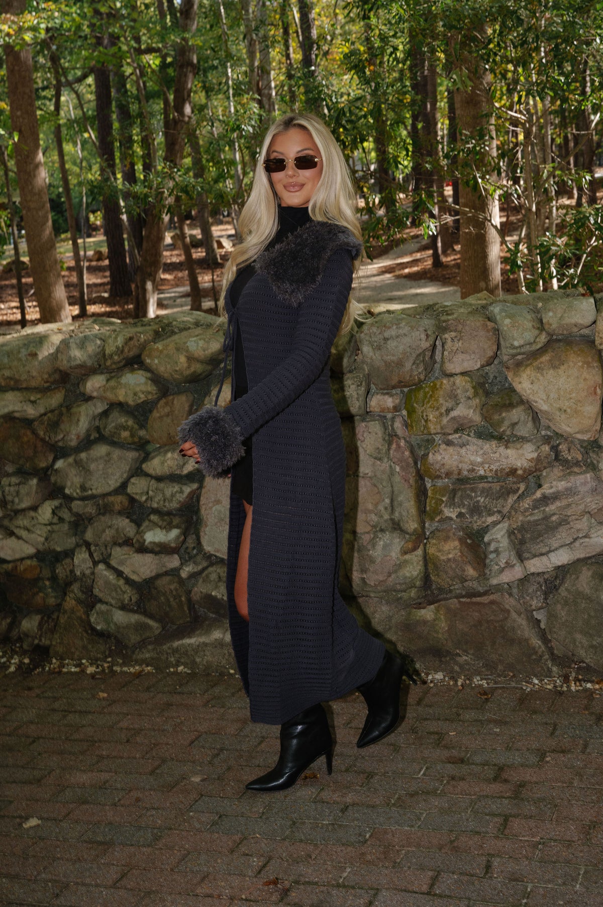 Midi Long Sleeve Fur Cardigan-Grey