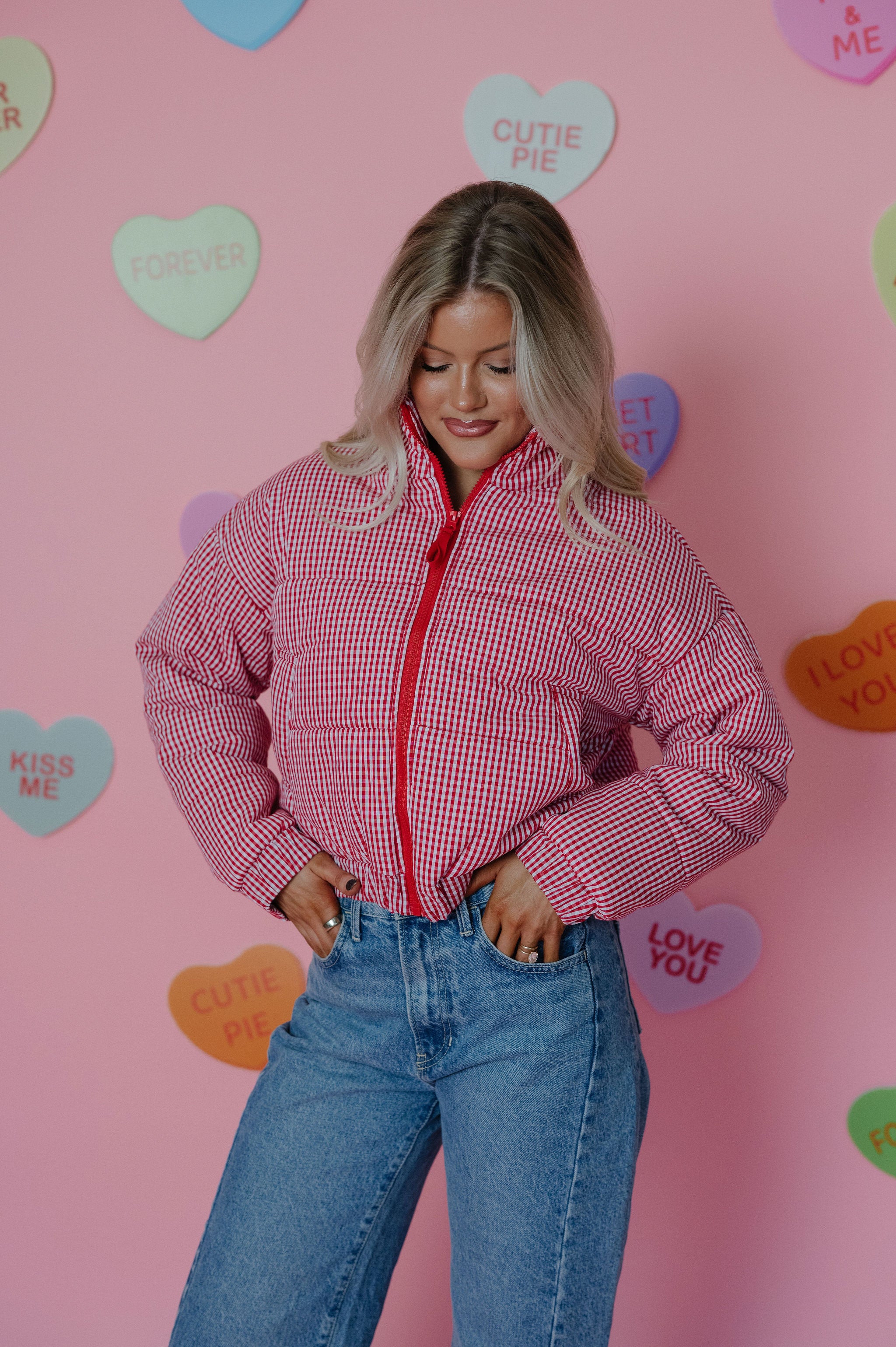 Hollen Gingham Puffer Jacket-Red/White