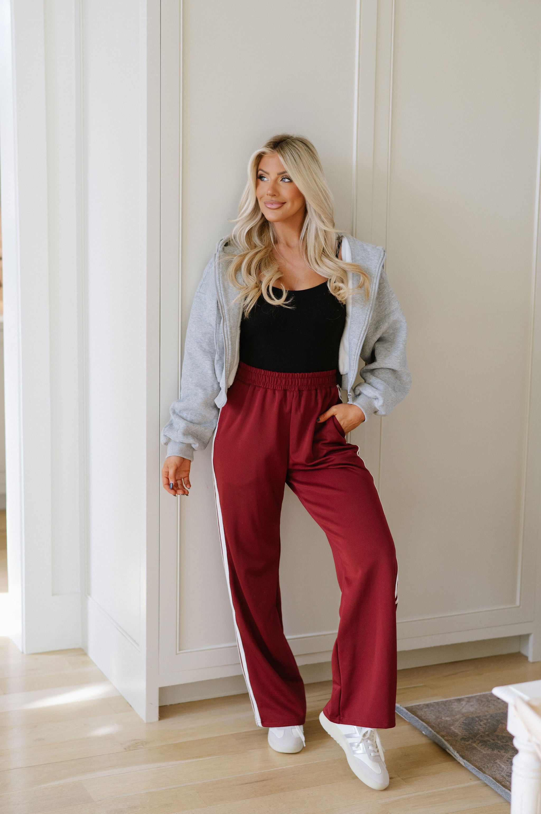 Wide Leg Track Pants- Burgundy