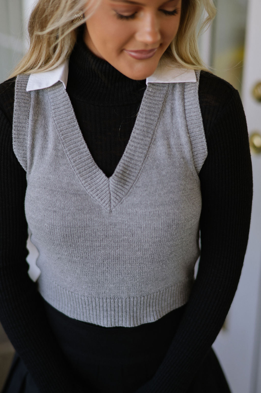 Cropped Sweater Vest- Heather Grey