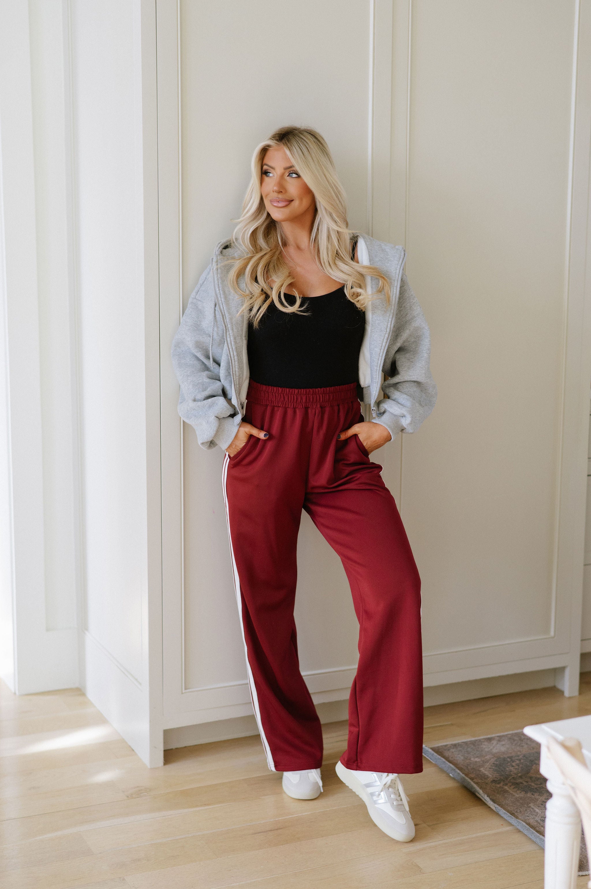 Wide Leg Track Pants- Burgundy