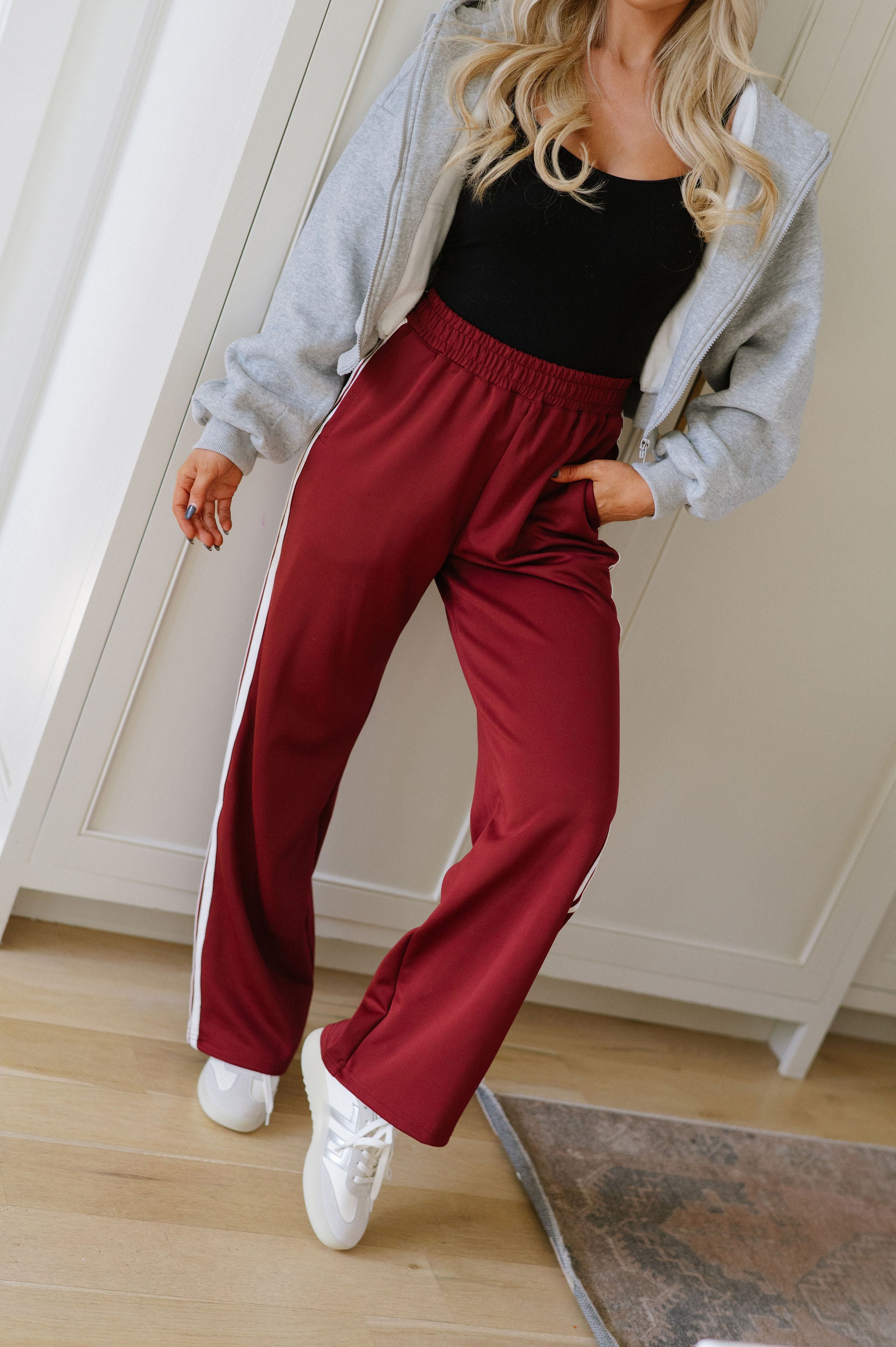 Wide Leg Track Pants- Burgundy