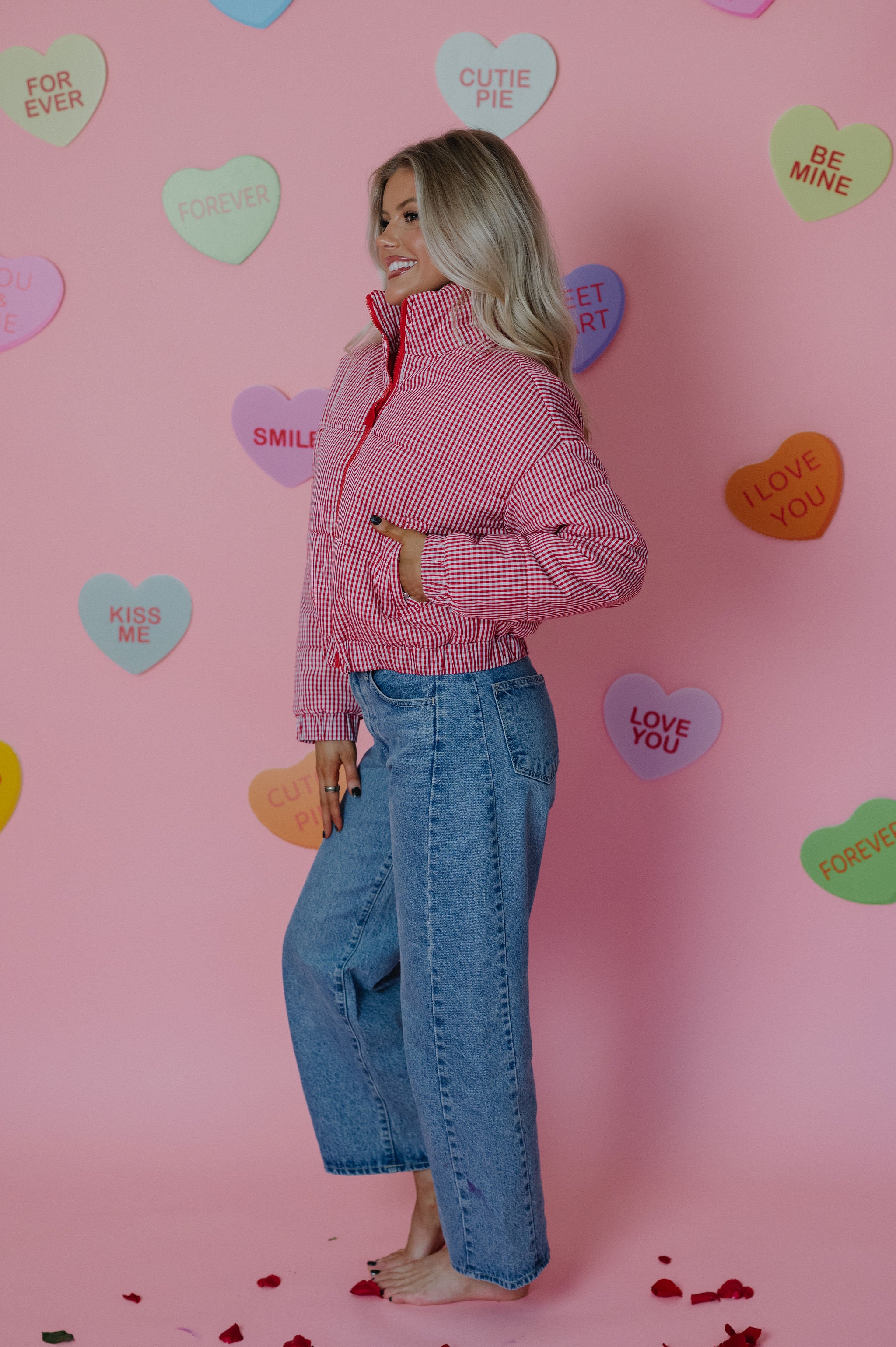 Hollen Gingham Puffer Jacket-Red/White