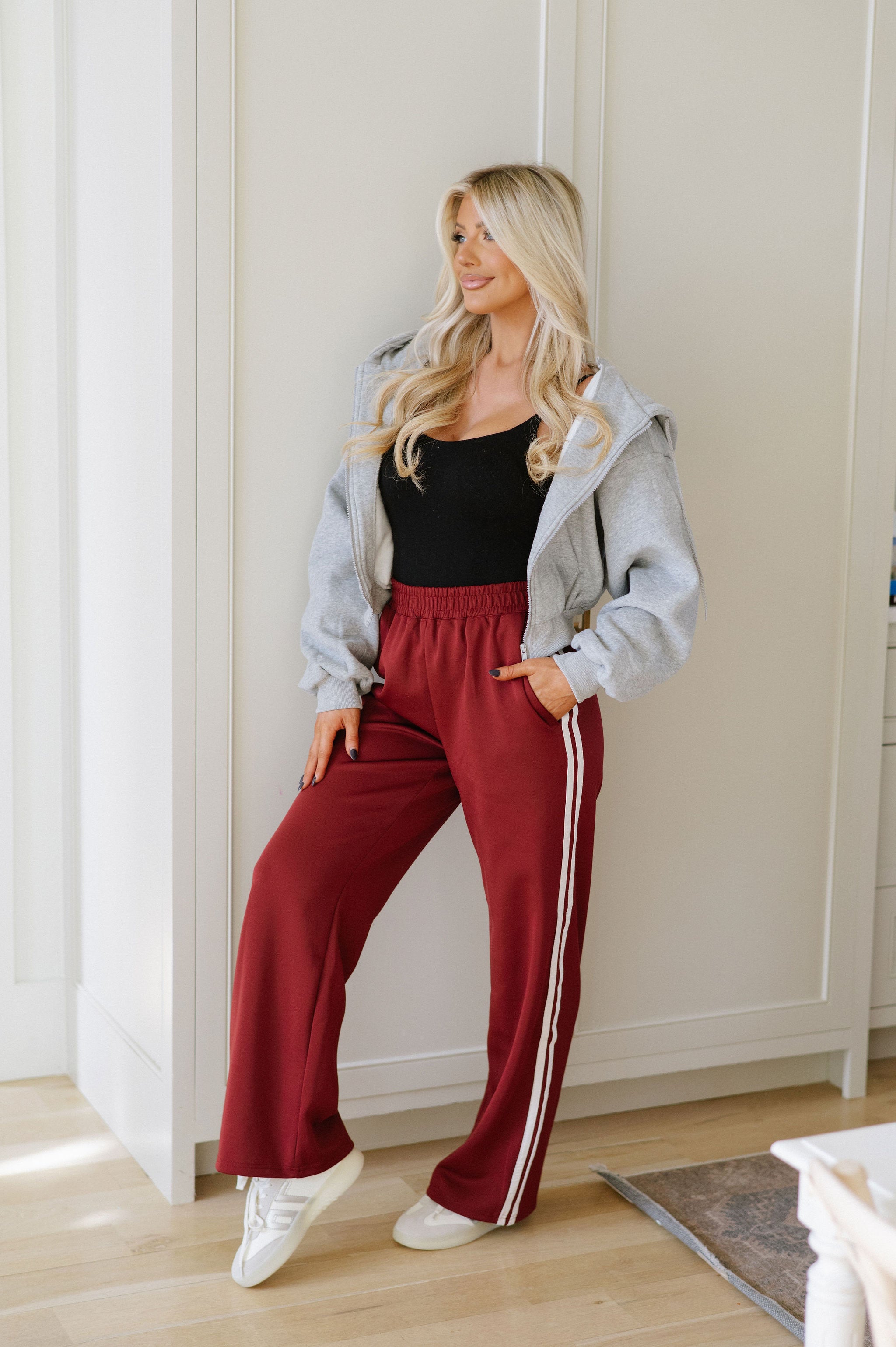 Wide Leg Track Pants- Burgundy