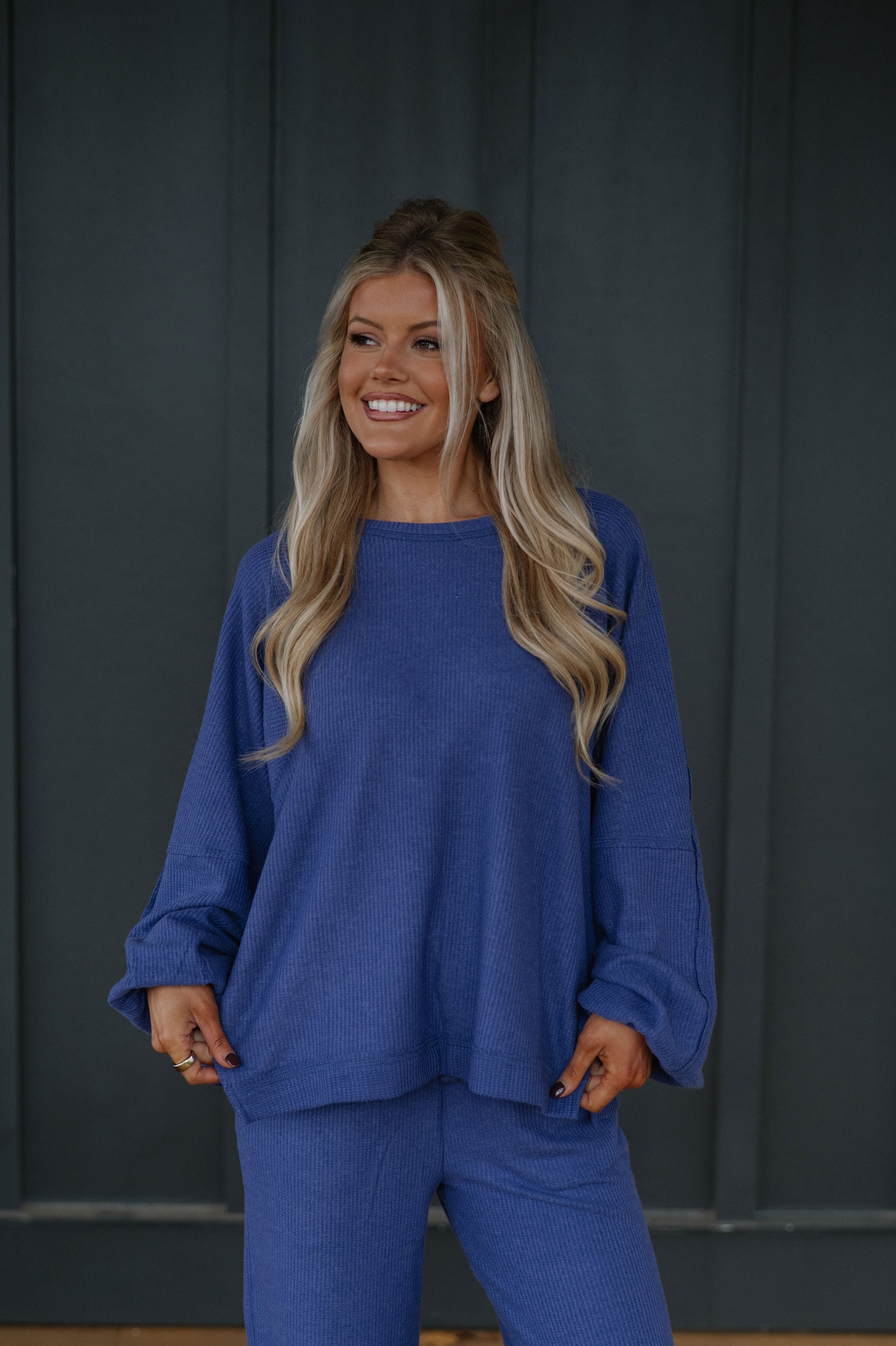 Brushed Waffle Knit Set-Dusty Indigo