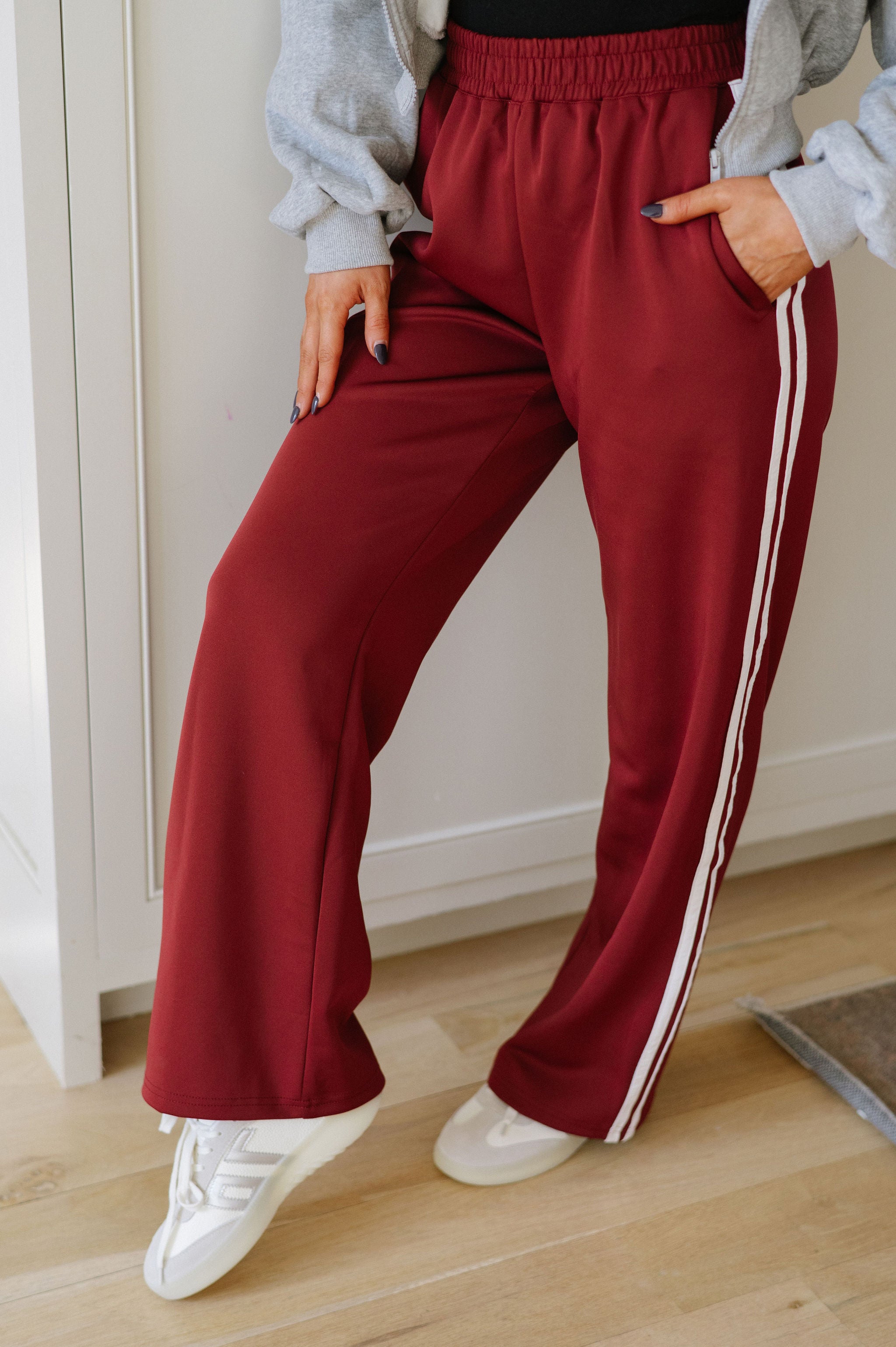 Wide Leg Track Pants- Burgundy