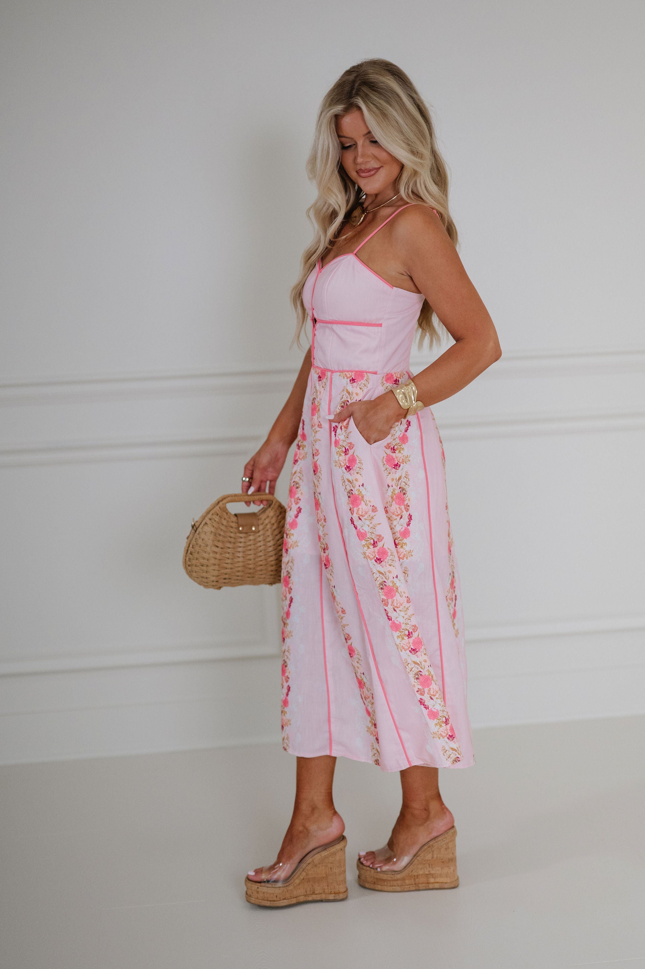 Macie Floral Printed Midi Dress-Pink Multi