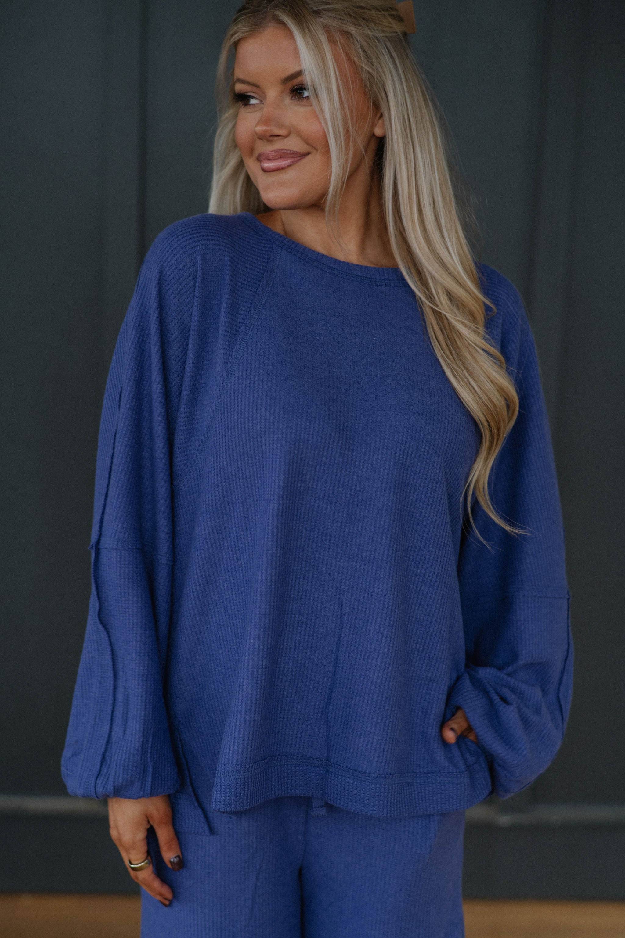 Brushed Waffle Knit Set-Dusty Indigo